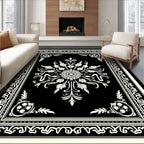 Ornate Black and Cream Floral Design Rug