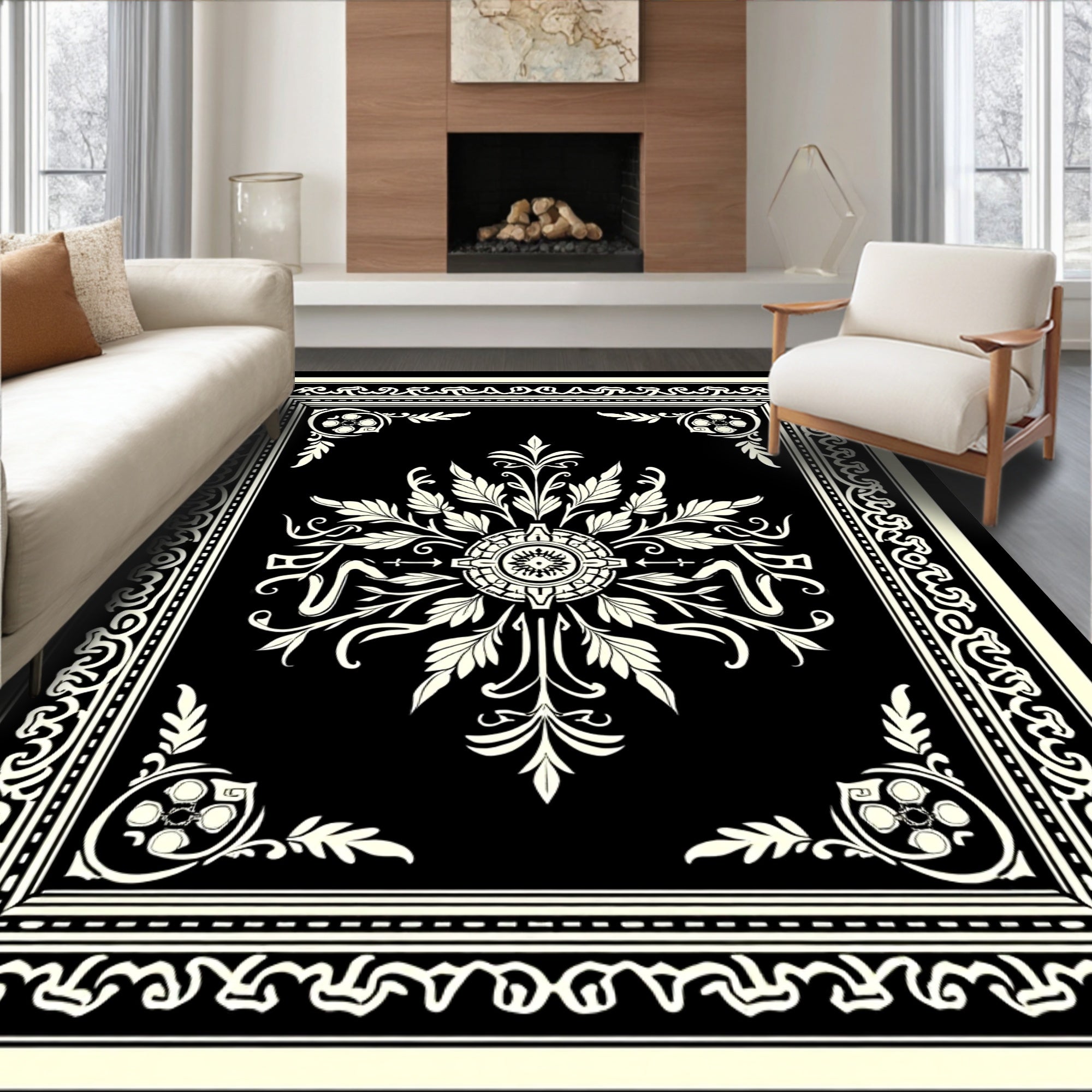 Ornate Black and Cream Floral Design Rug