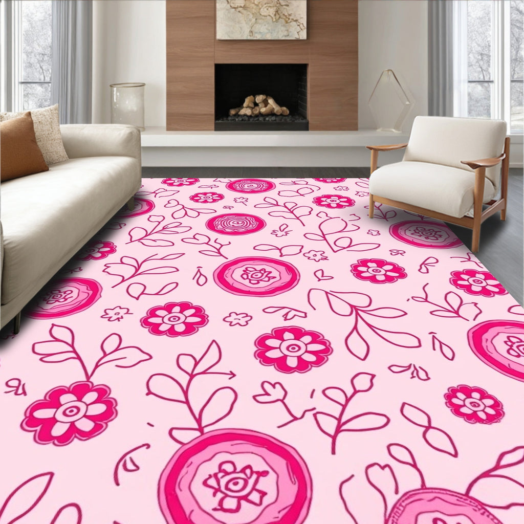 Pink Floral Sketch Pattern Rug