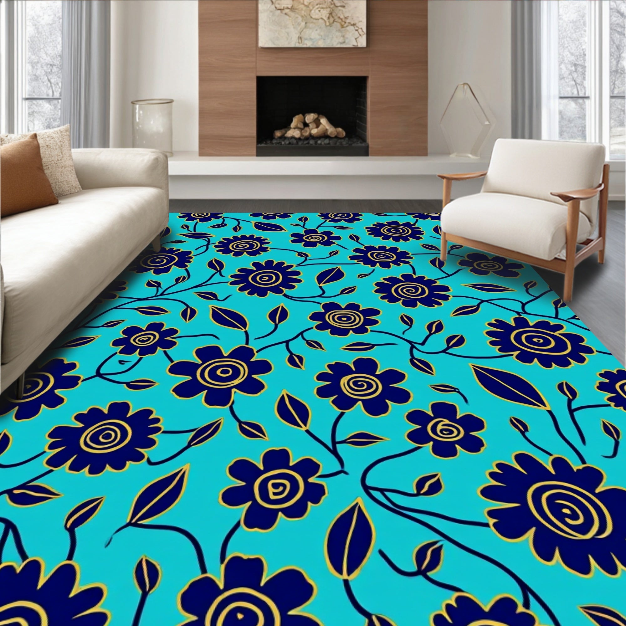 Blue Floral Vine Pattern Rug