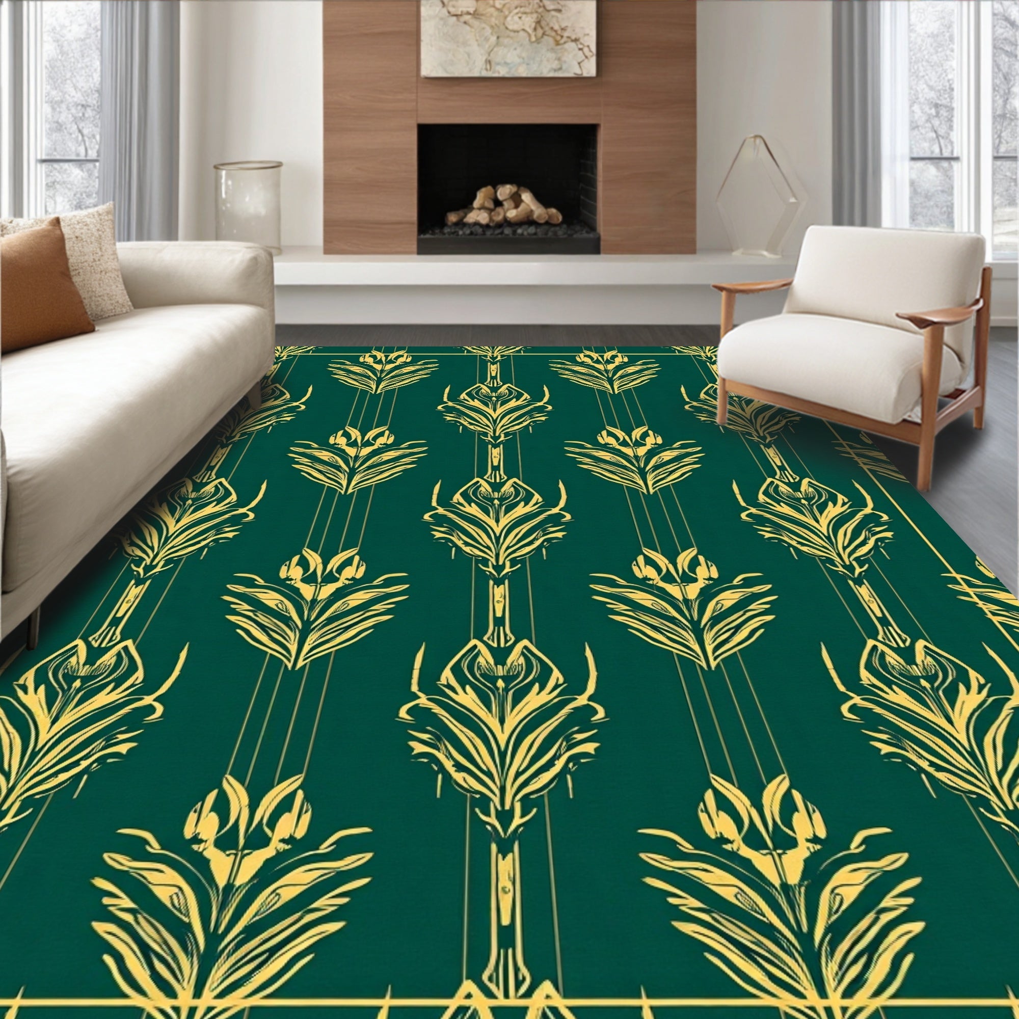 Elegant Yellow Floral Art Deco Pattern Rug