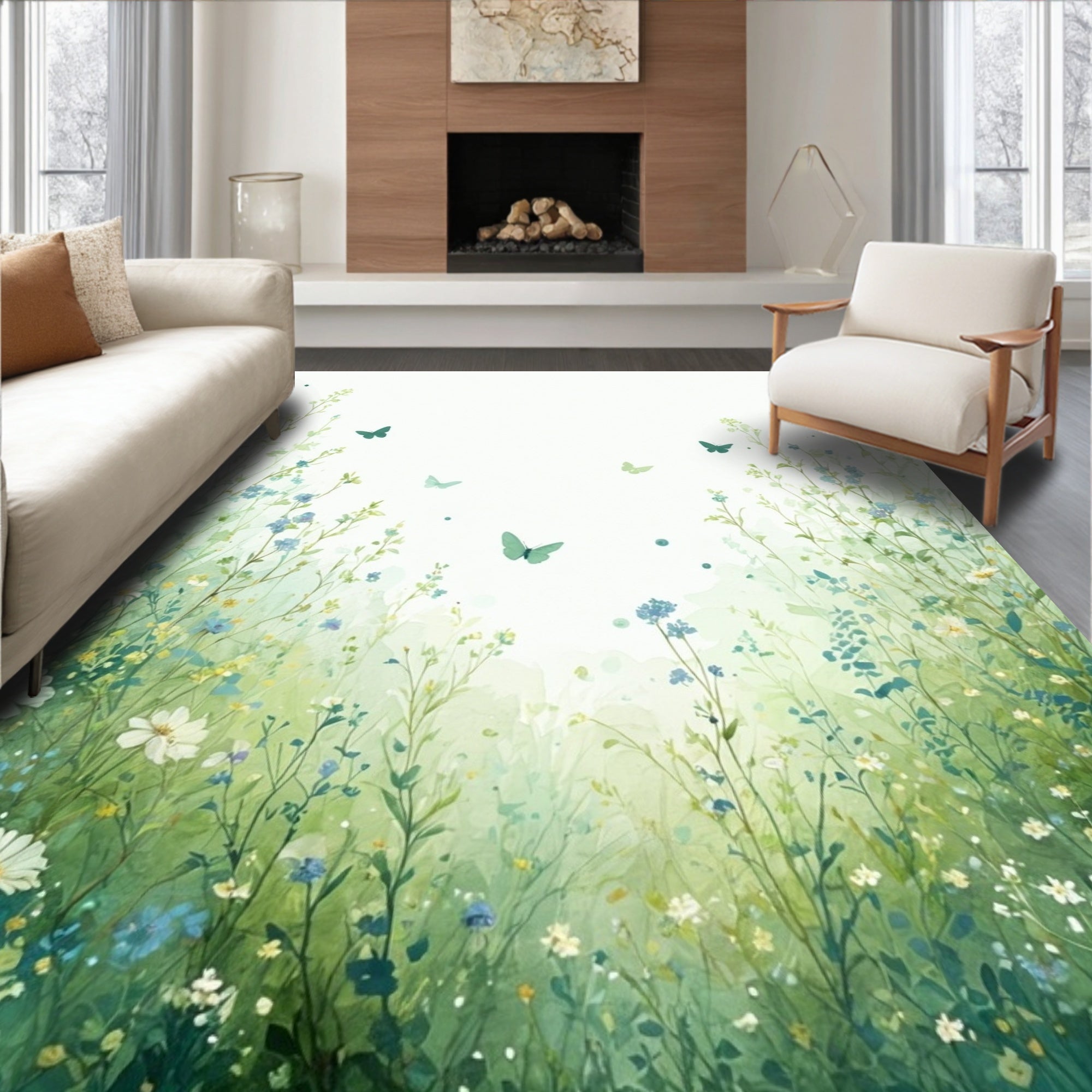 Spring Meadow Butterfly Floral Garden Rug