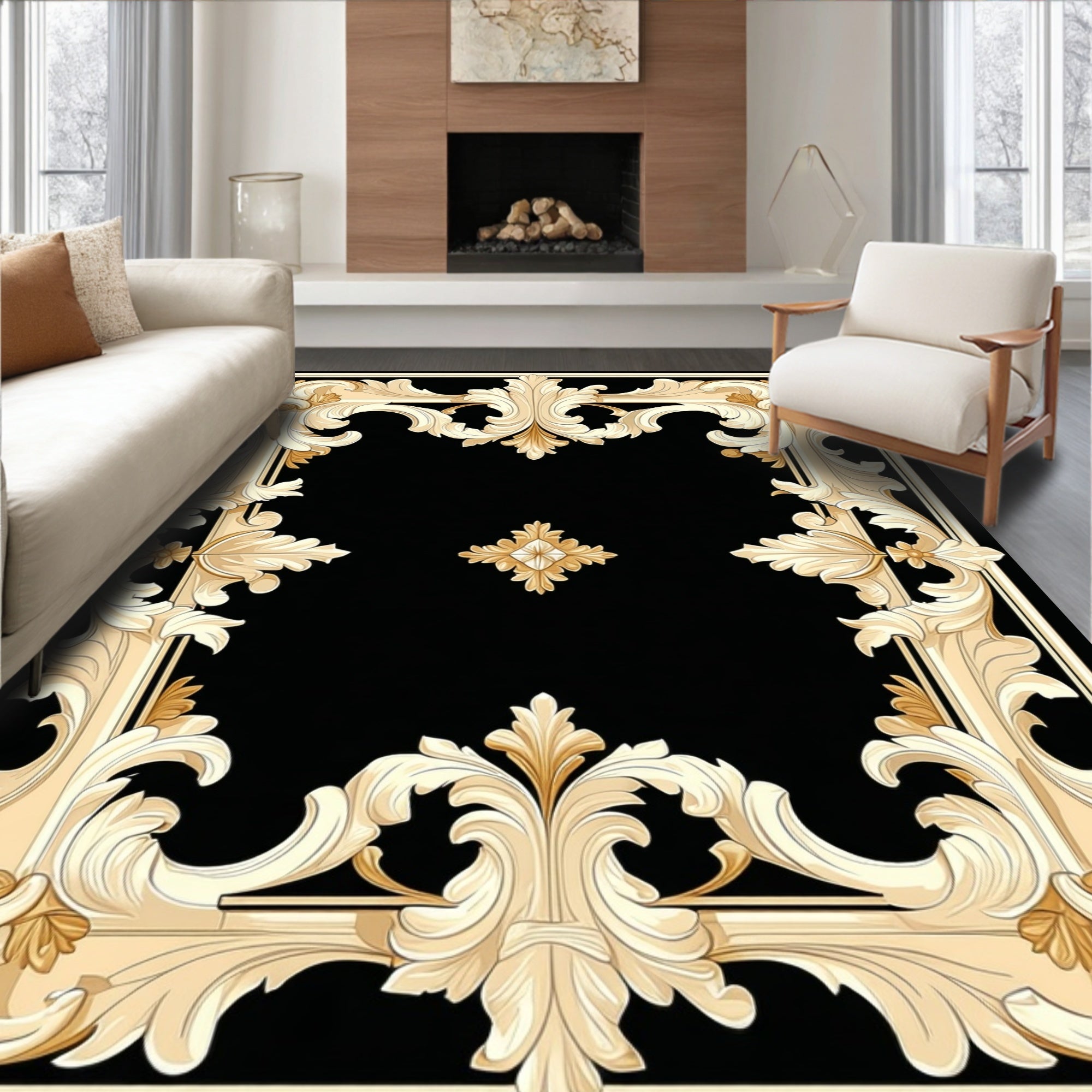 Ornate Gold Swirl Baroque Design Rug
