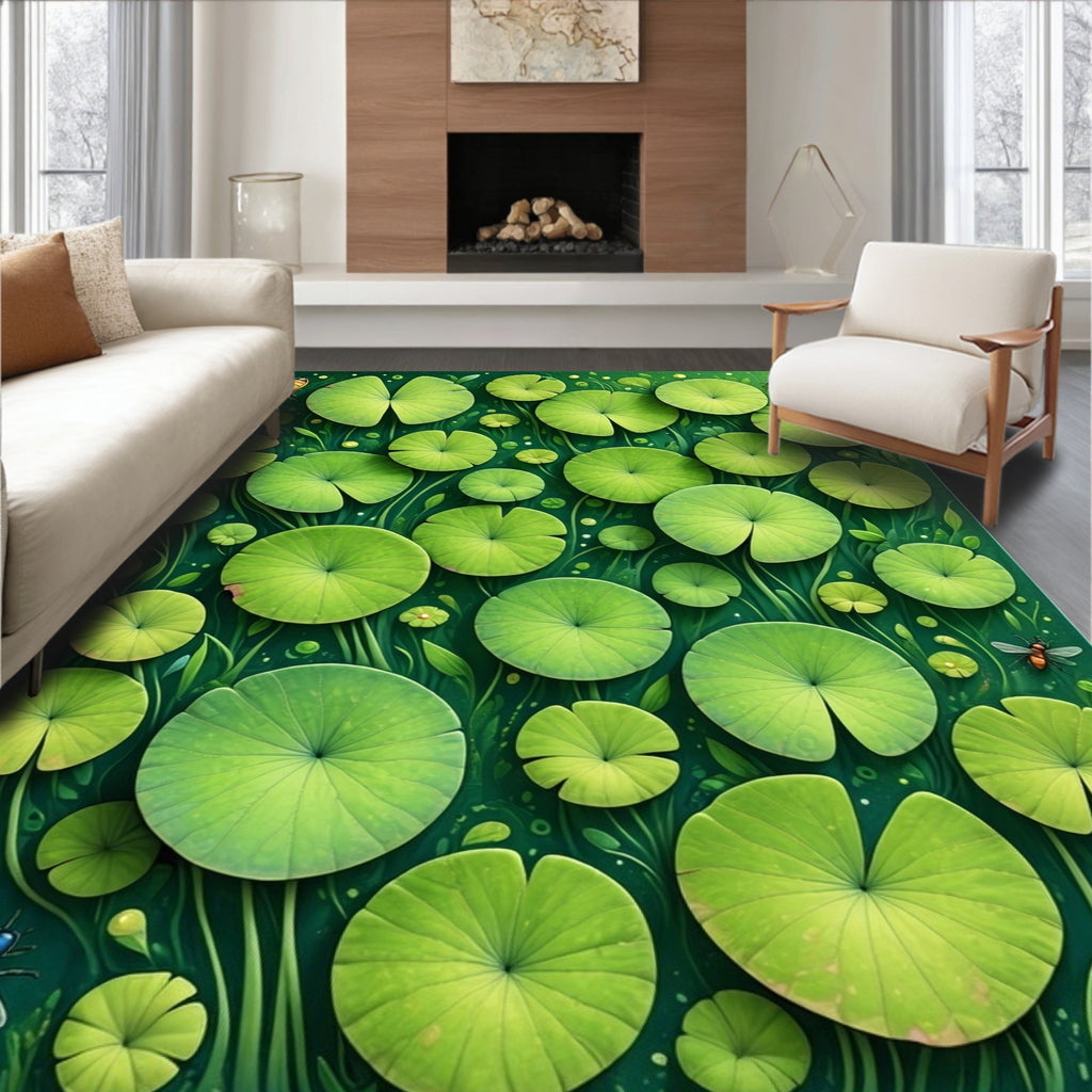 Nature Green Lily Pad Insects Pattern Rug