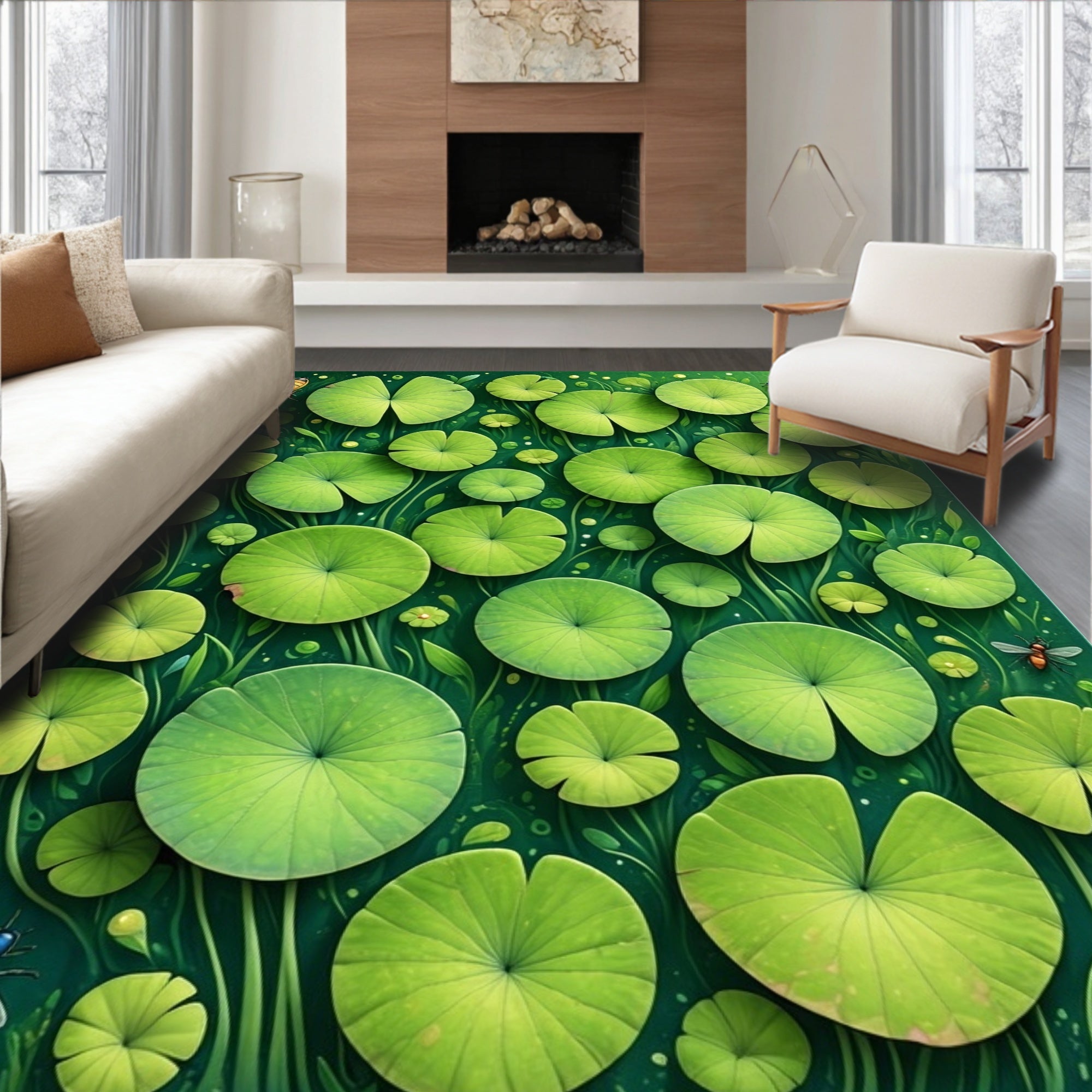 Nature Green Lily Pad Insects Pattern Rug
