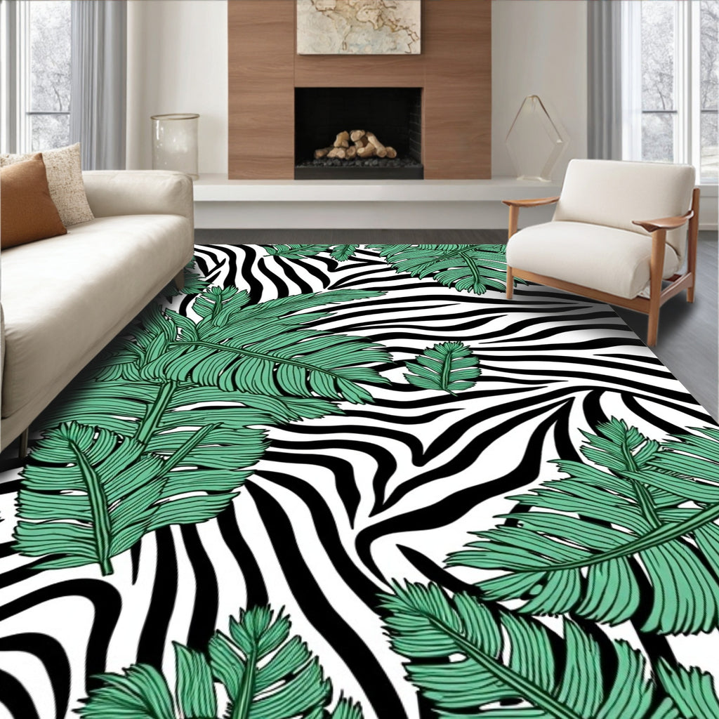 Zebra Print With Green Leaf Pattern Rug
