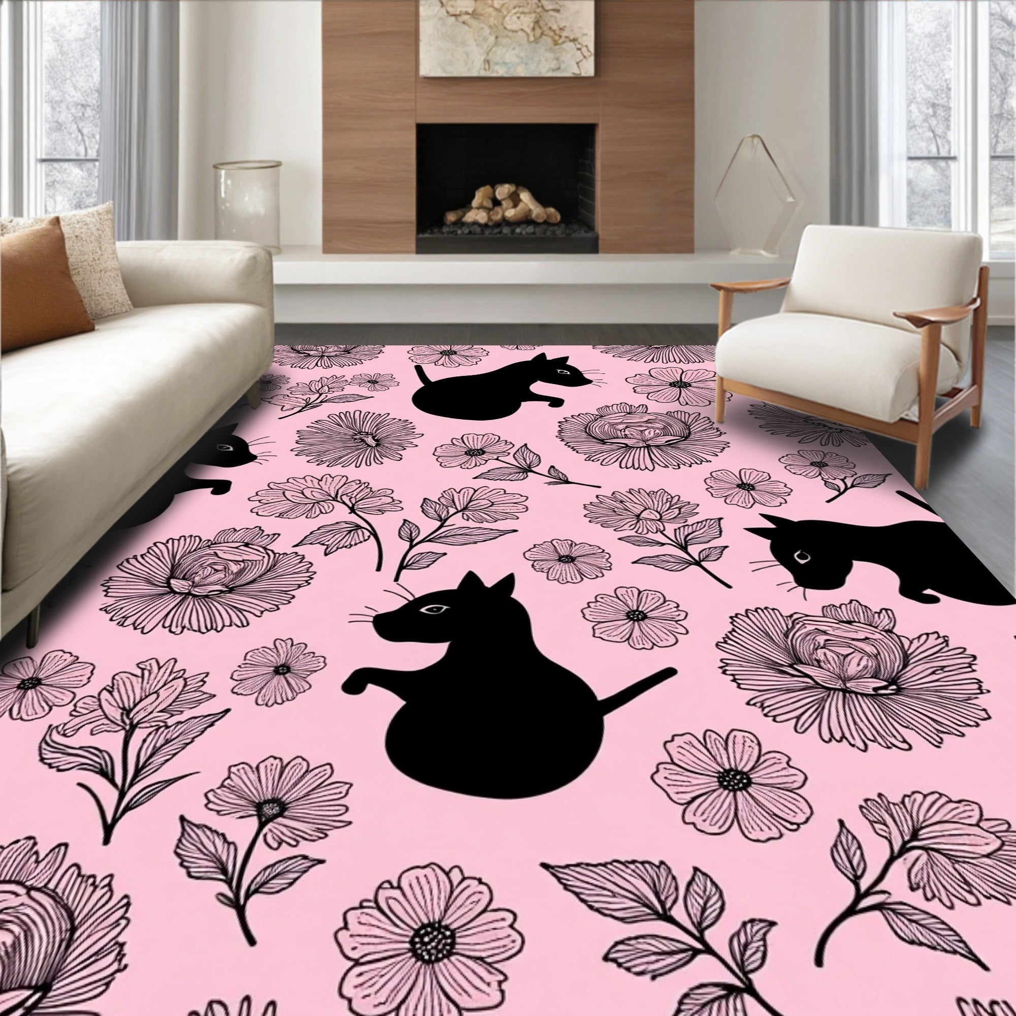 Whimsical Black Cat Floral Pattern Rug