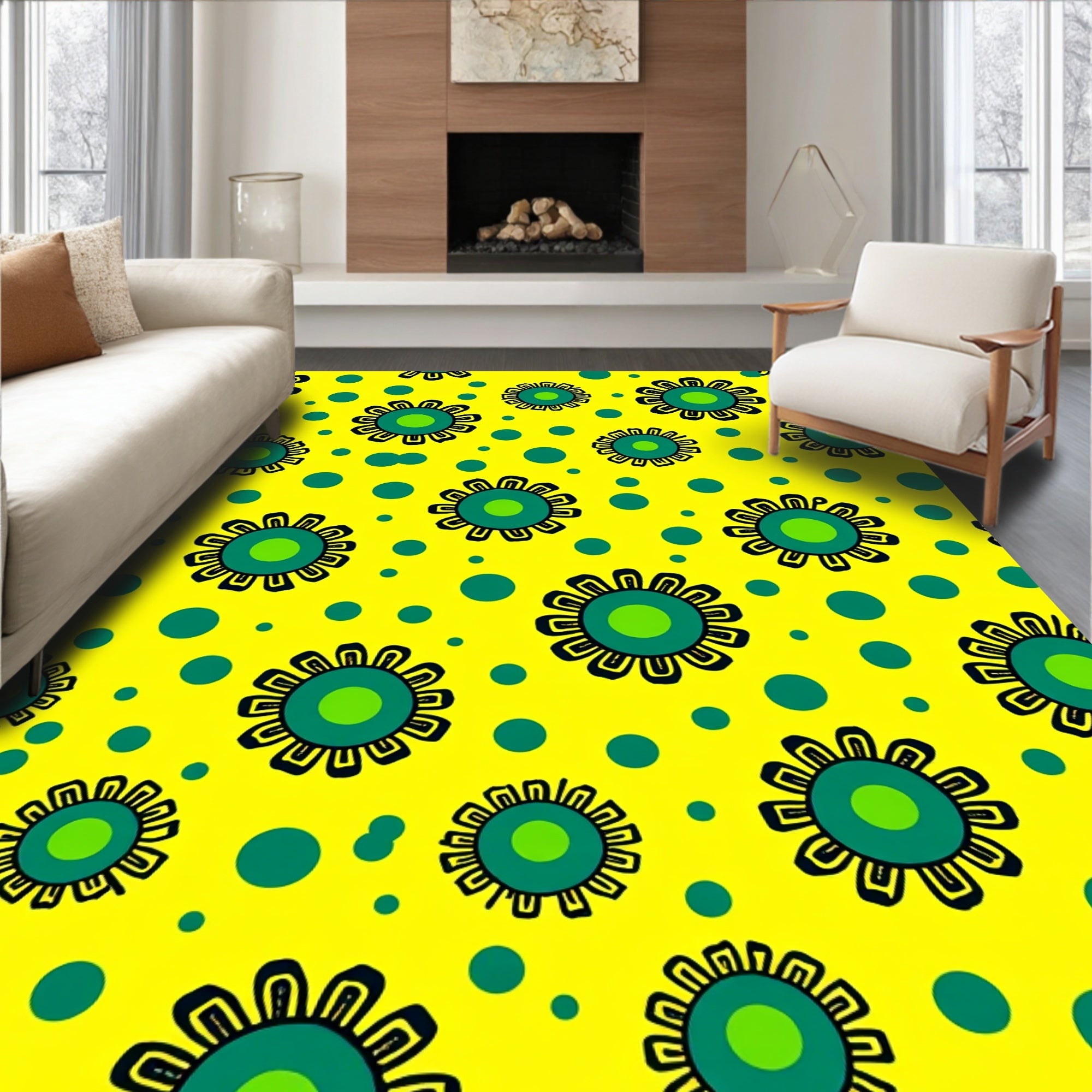 Retro Green Floral Dot Pattern Rug