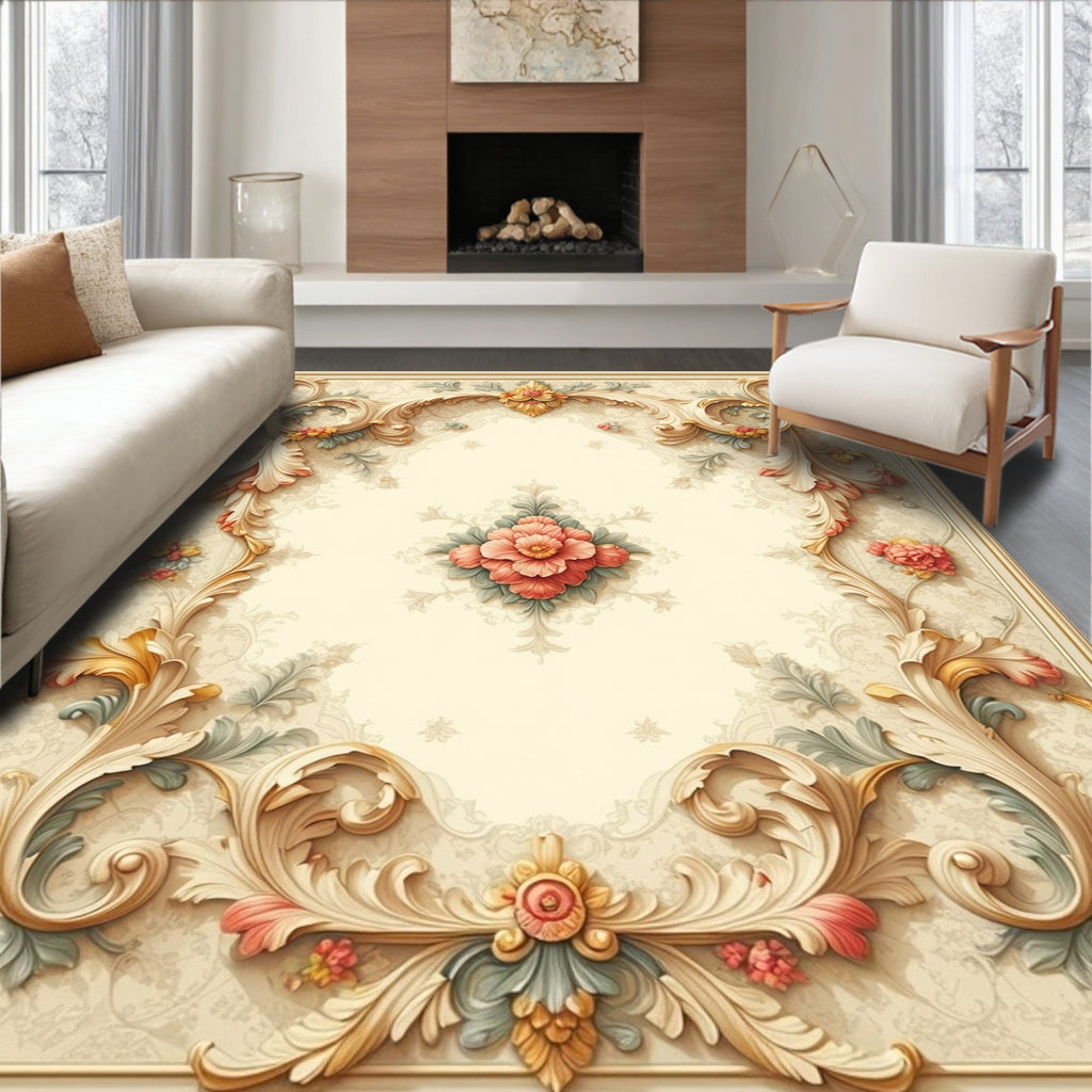 Cream Floral Scrolls Accents Rug