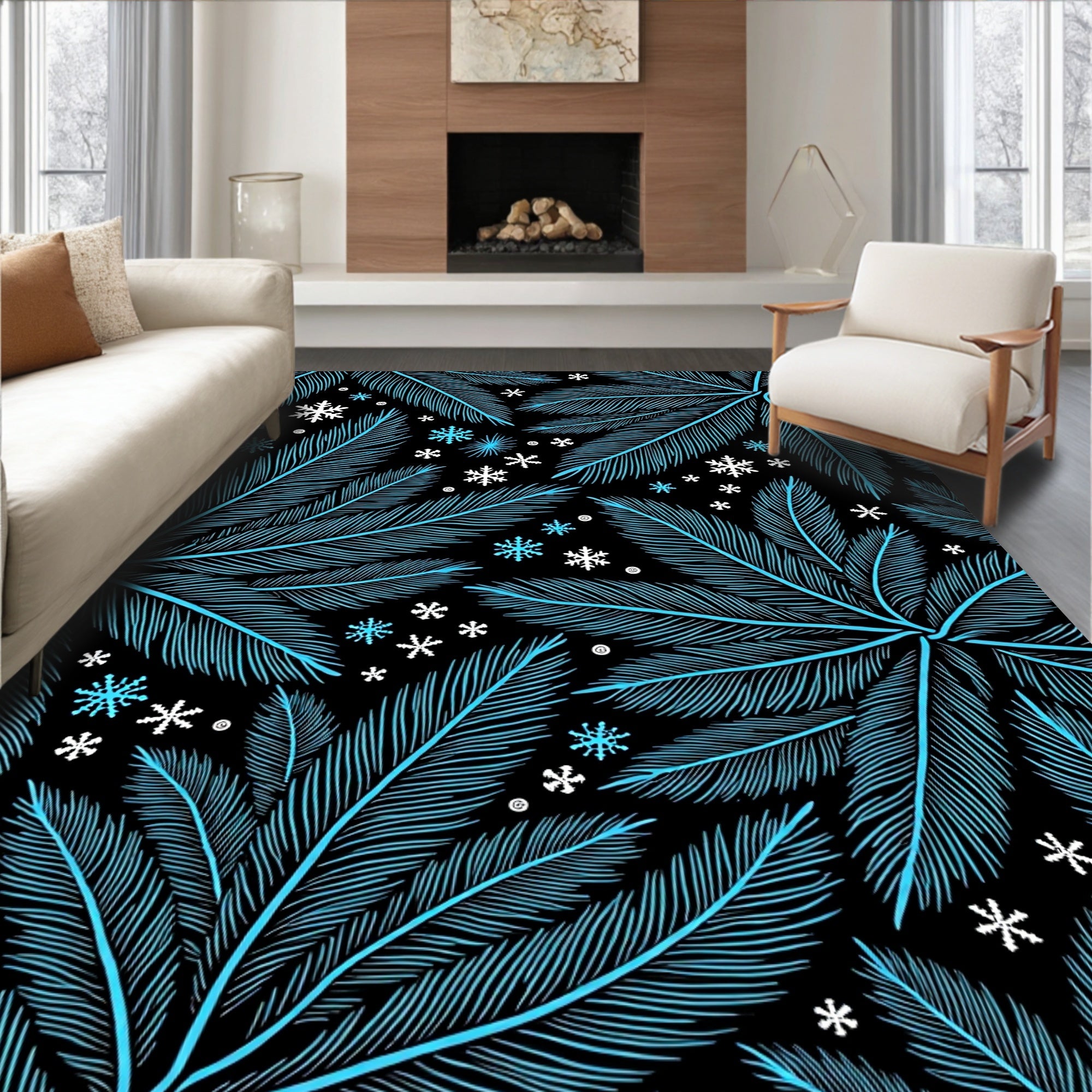 Light Blue Pine Frond Snow Flurry Rug