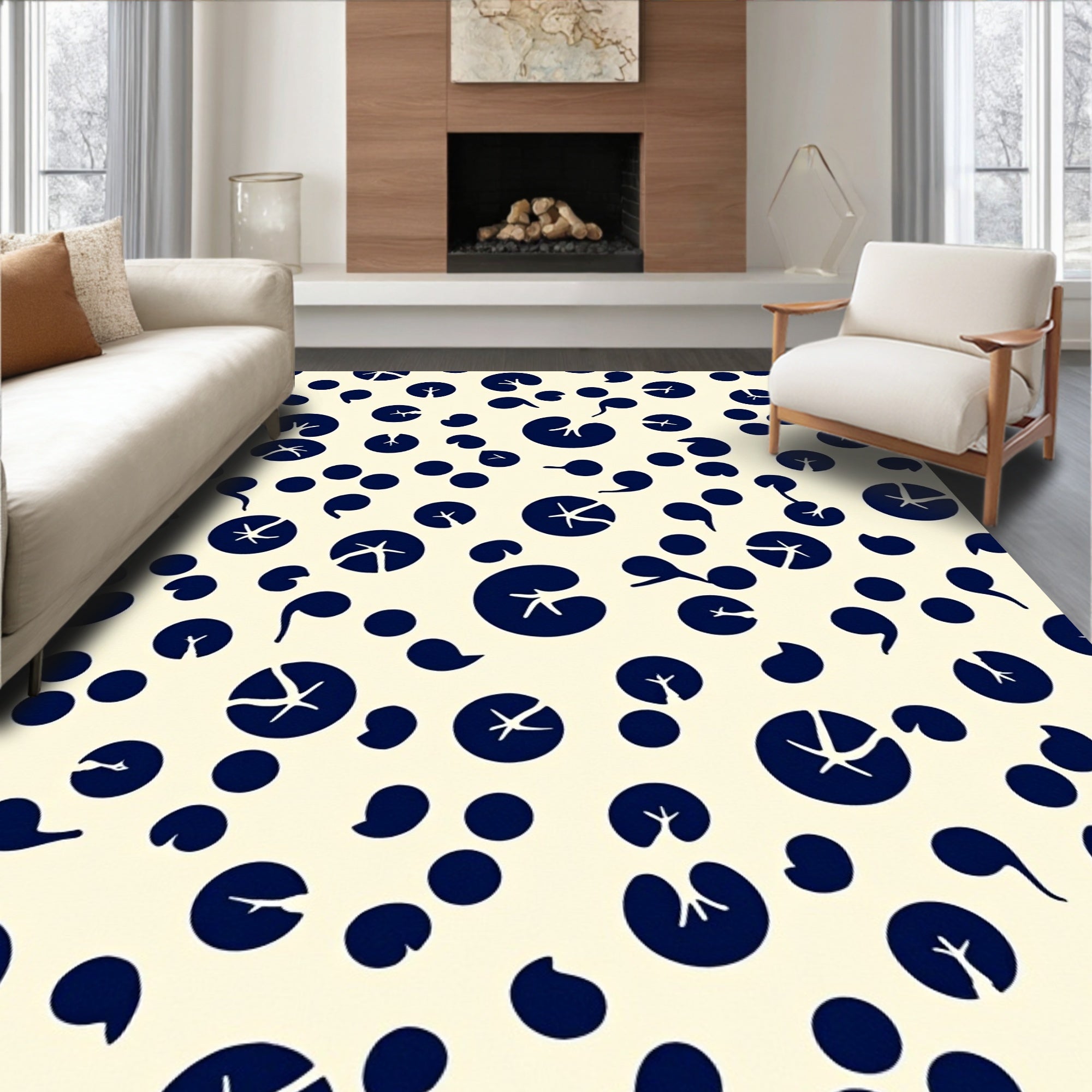 Navy Blue Botanical Pattern Design Rug