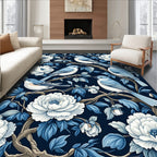 Elegant Blue Birds White Peony Pattern Rug