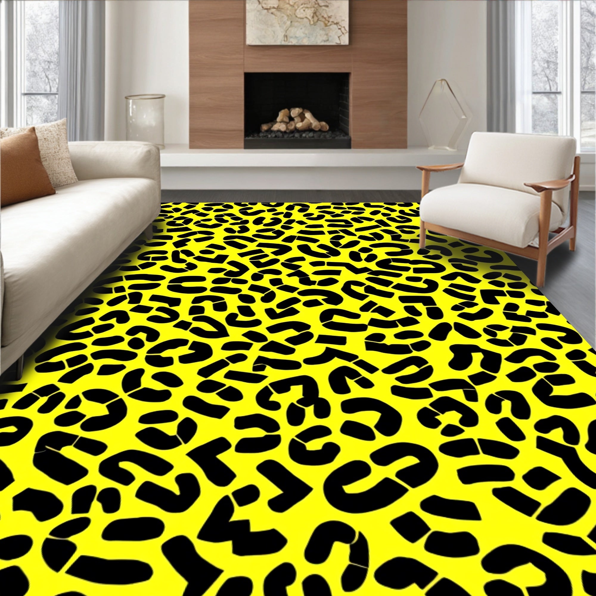 Bold Yellow Black Leopard Print Rug