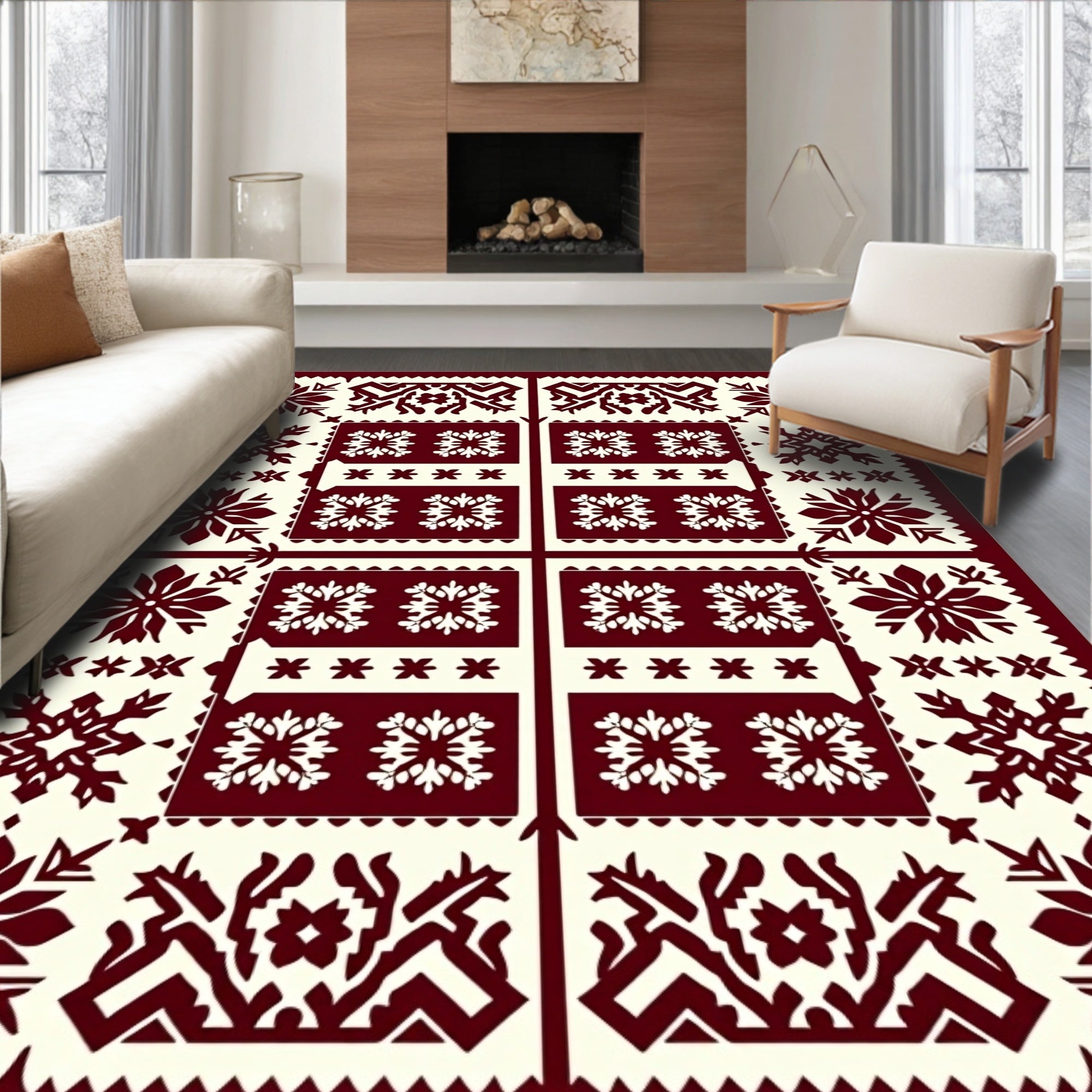 Deep Red Snowflake Folk Art Rug