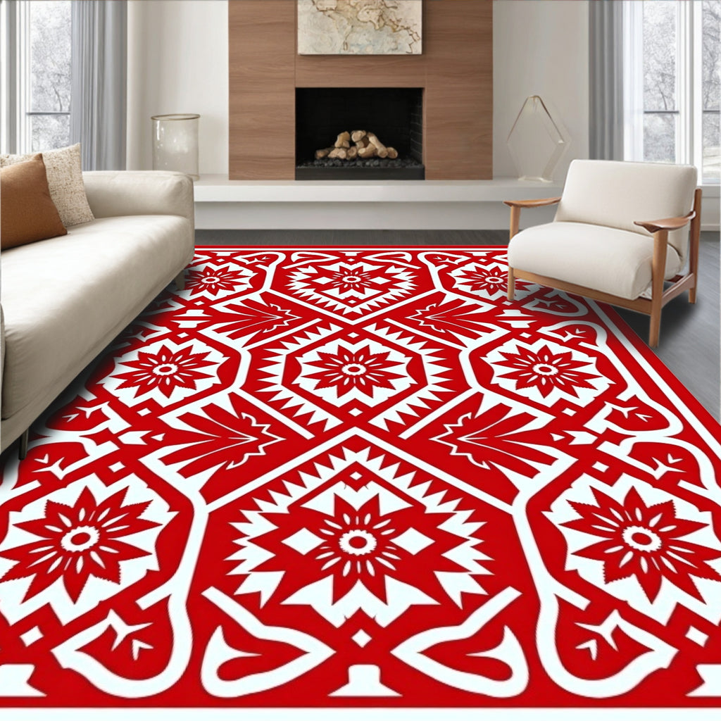 Vibrant Red Floral Geometric Medallion Rug