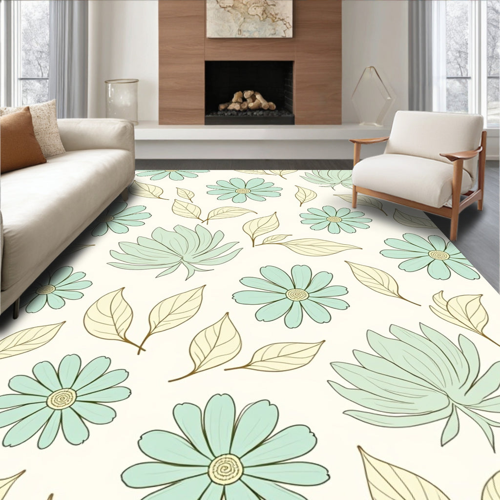 Delicate Teal Floral Botanical Pattern Rug