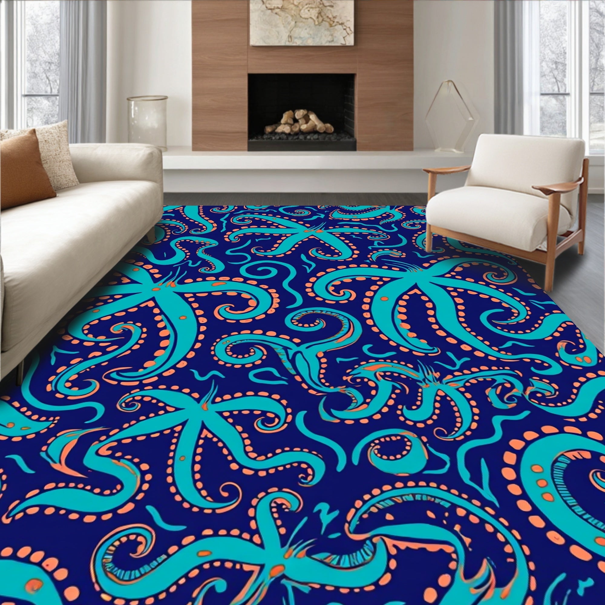 Playful Teal Octopus Tentacle Pattern Rug
