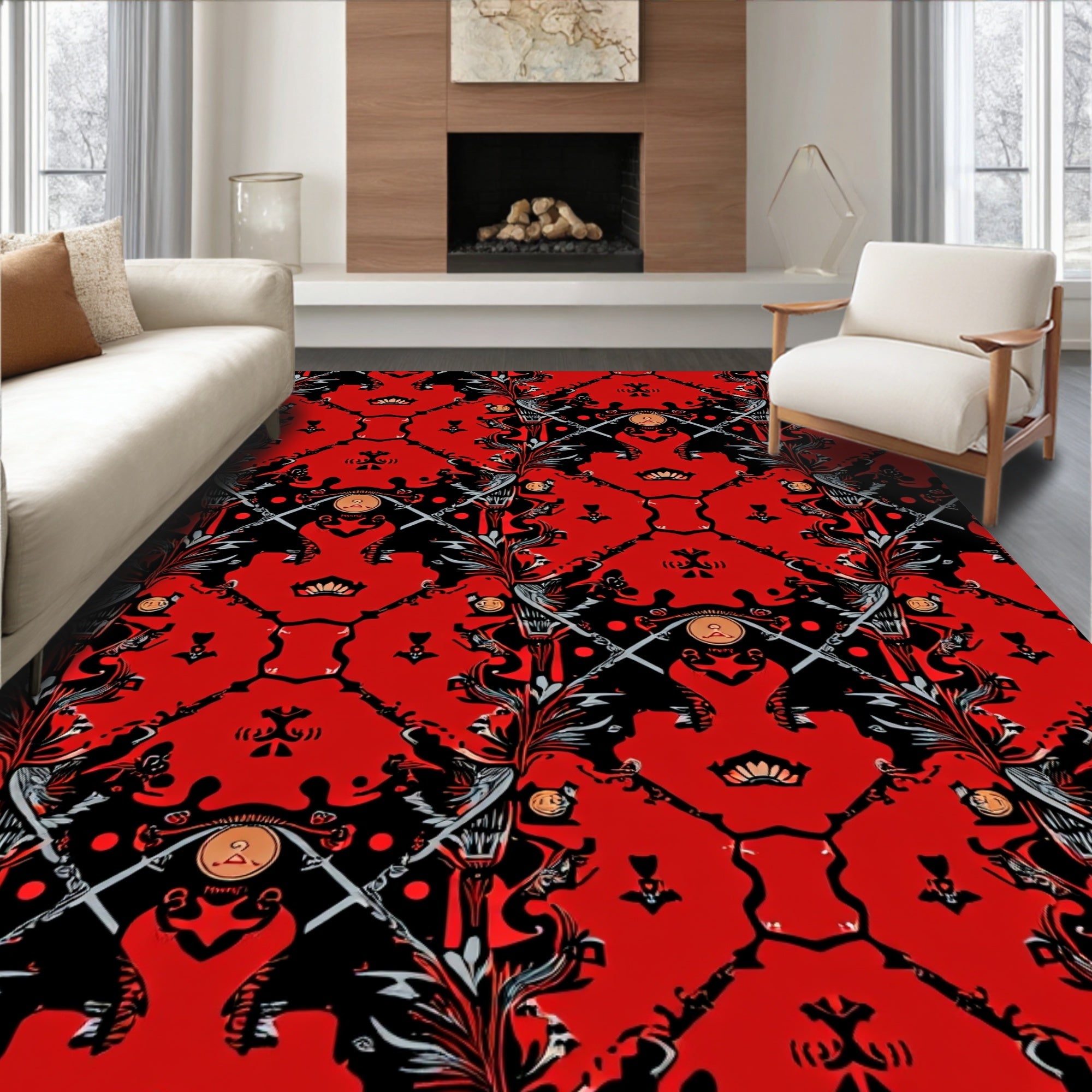 Intricate Red Black Floral Pattern Rug