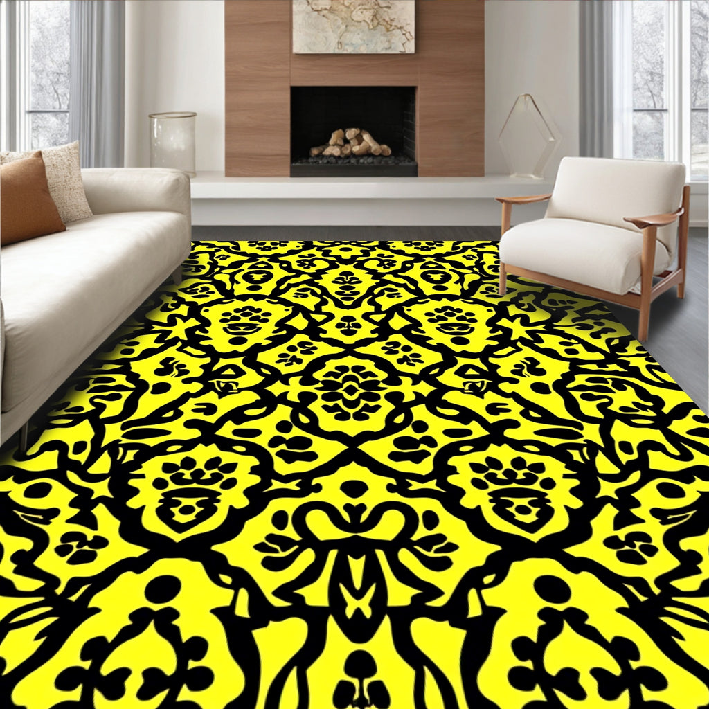 Bold Yellow Black Damask Motif Rug