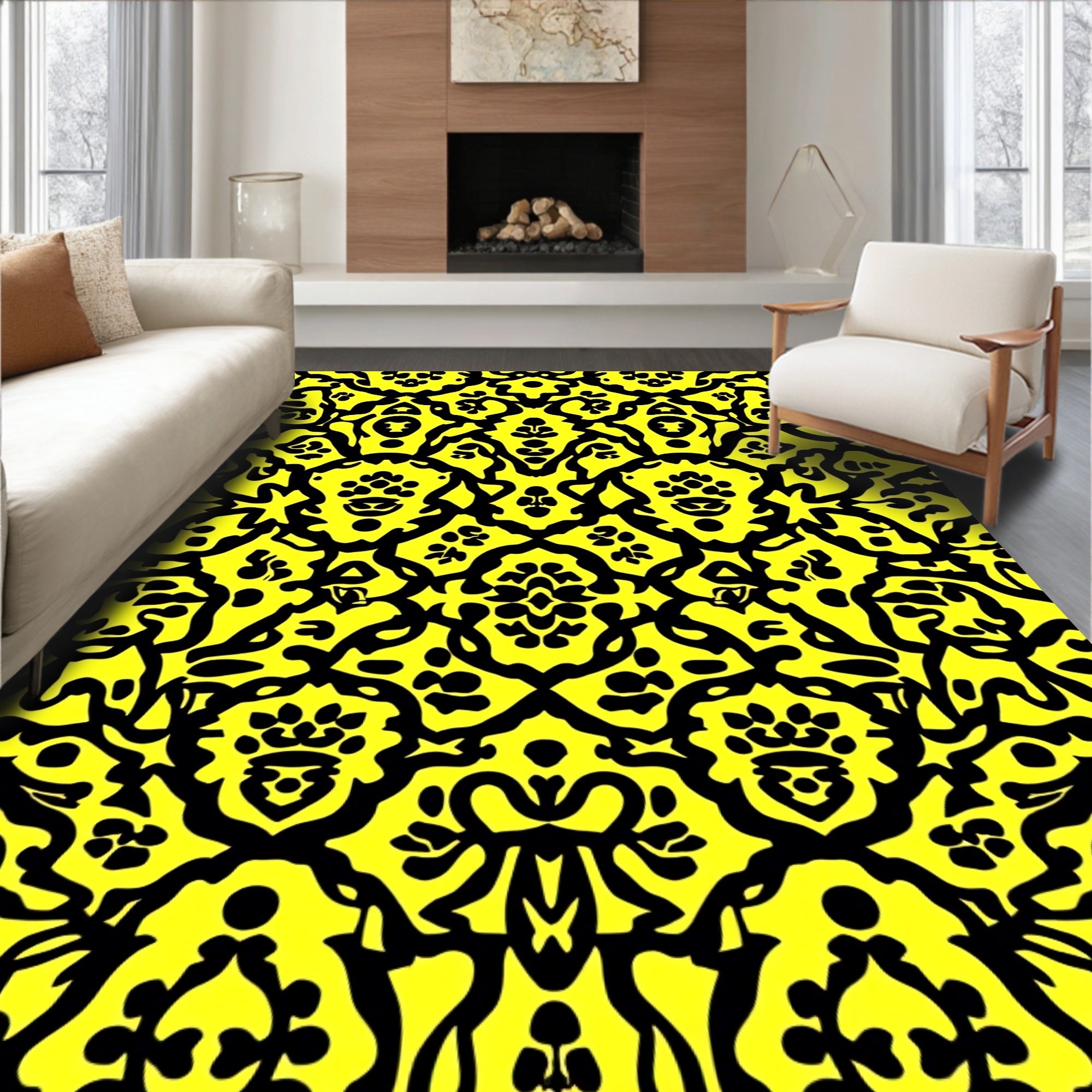 Bold Yellow Black Damask Motif Rug