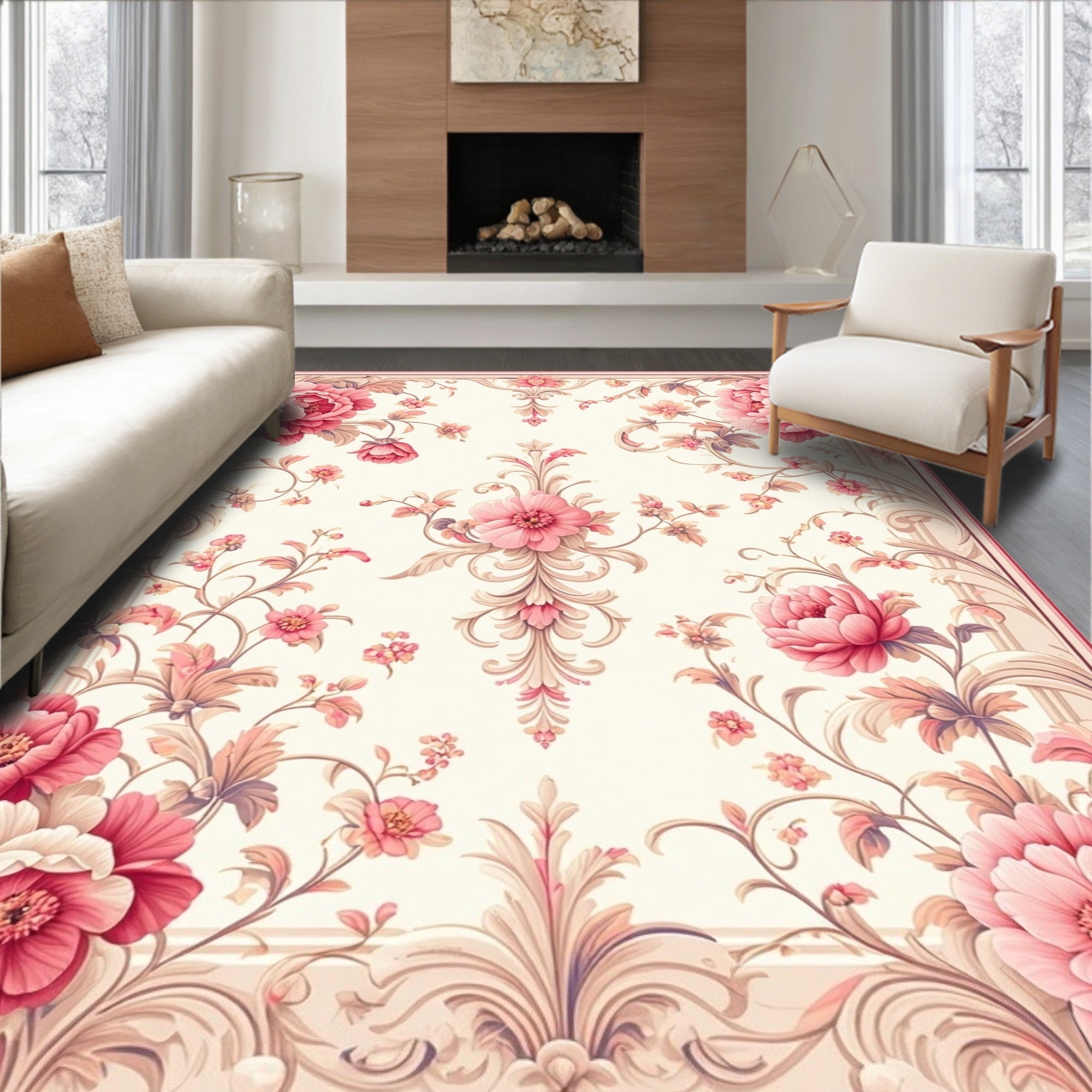Floral Vines Patterned Cream Rug