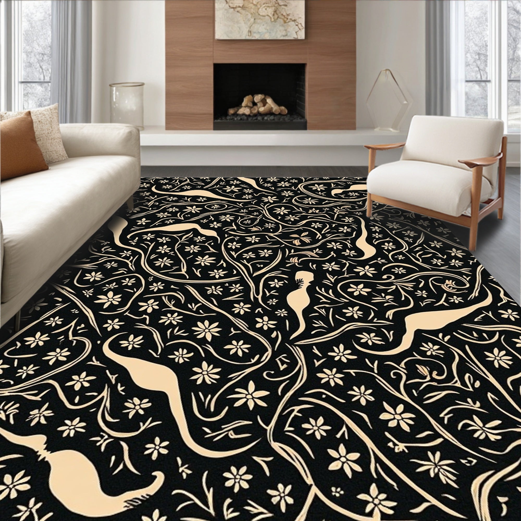 Flowing Floral With Figure Silhouette Pattern Rug