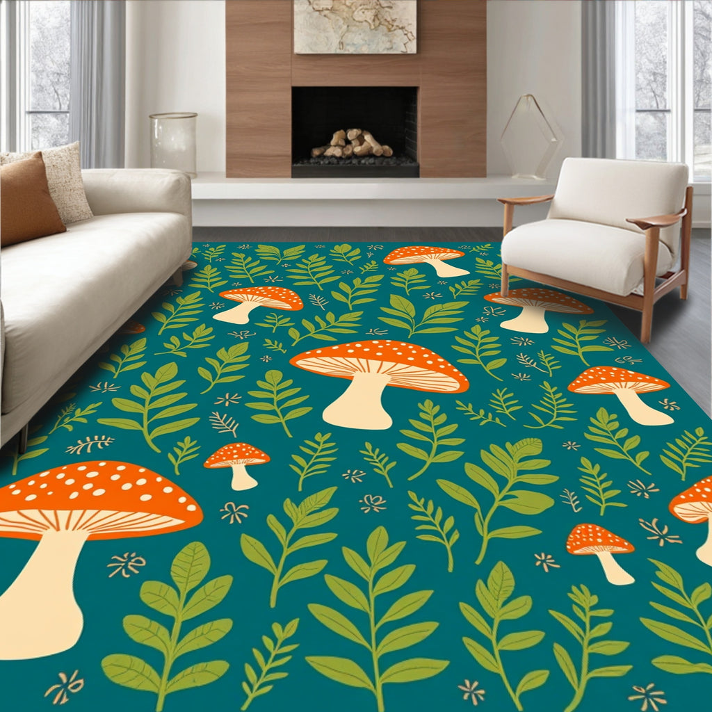 Whimsical Mushroom Leaf Print Rug