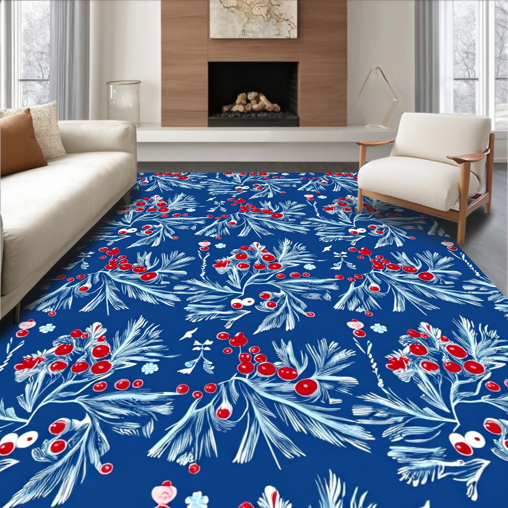 Crimson Berry White Branch Blue Field Rug