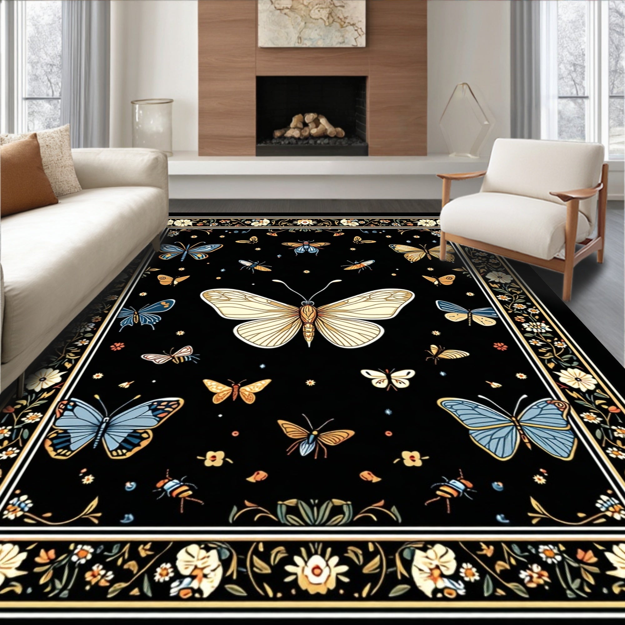 Floral Butterfly Whimsical Black Rug