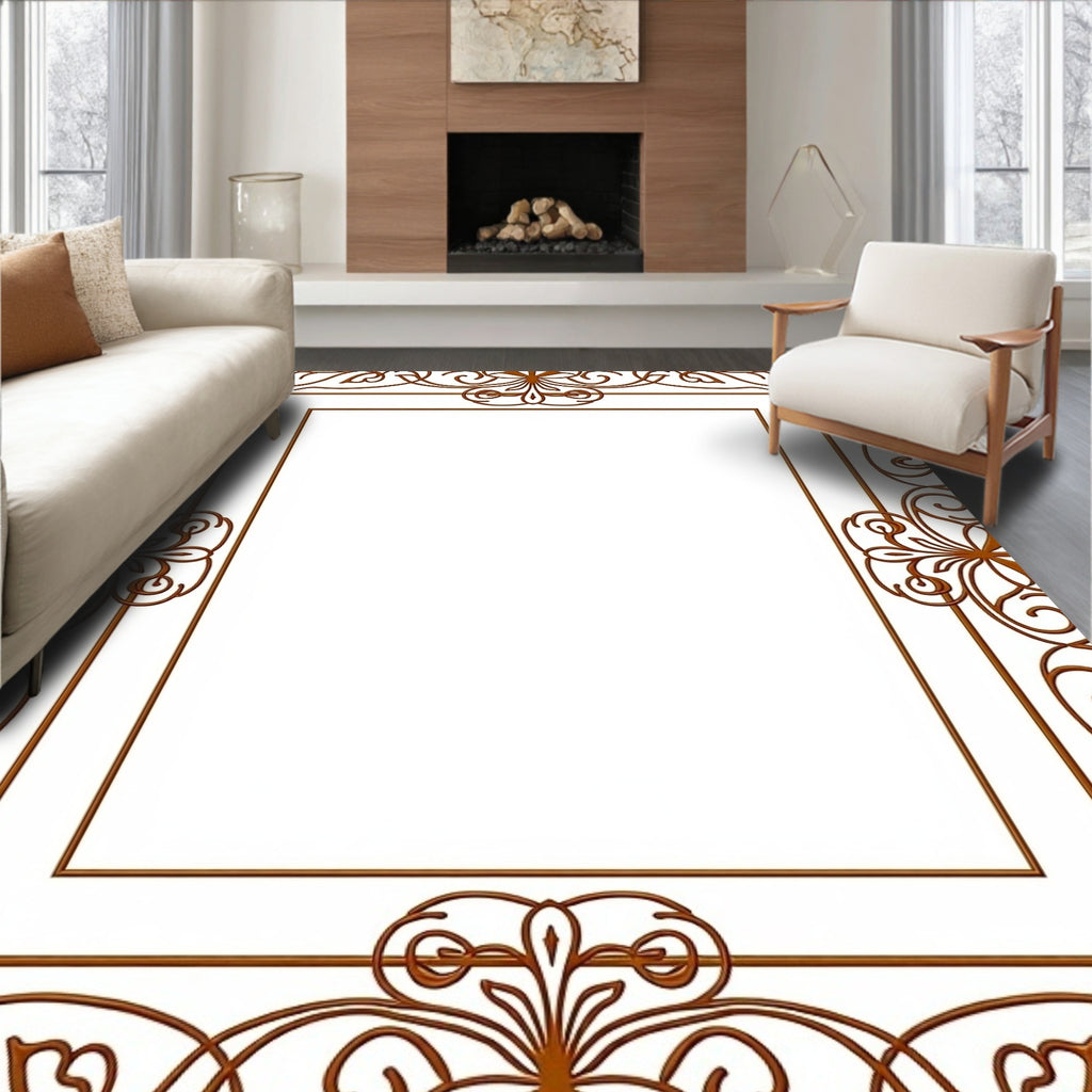 Ornate Brown Scroll Filigree Frame Rug