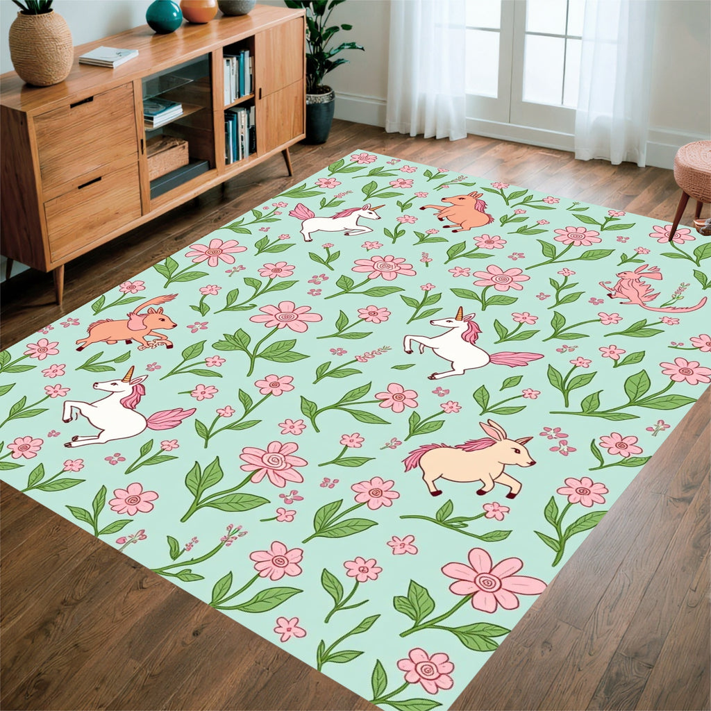 Whimsical Unicorn Floral Garden Pattern Rug