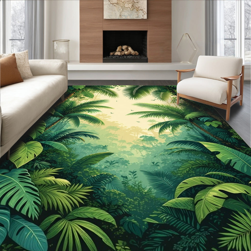 Lush Tropical Jungle Palm Foliage Design Rug