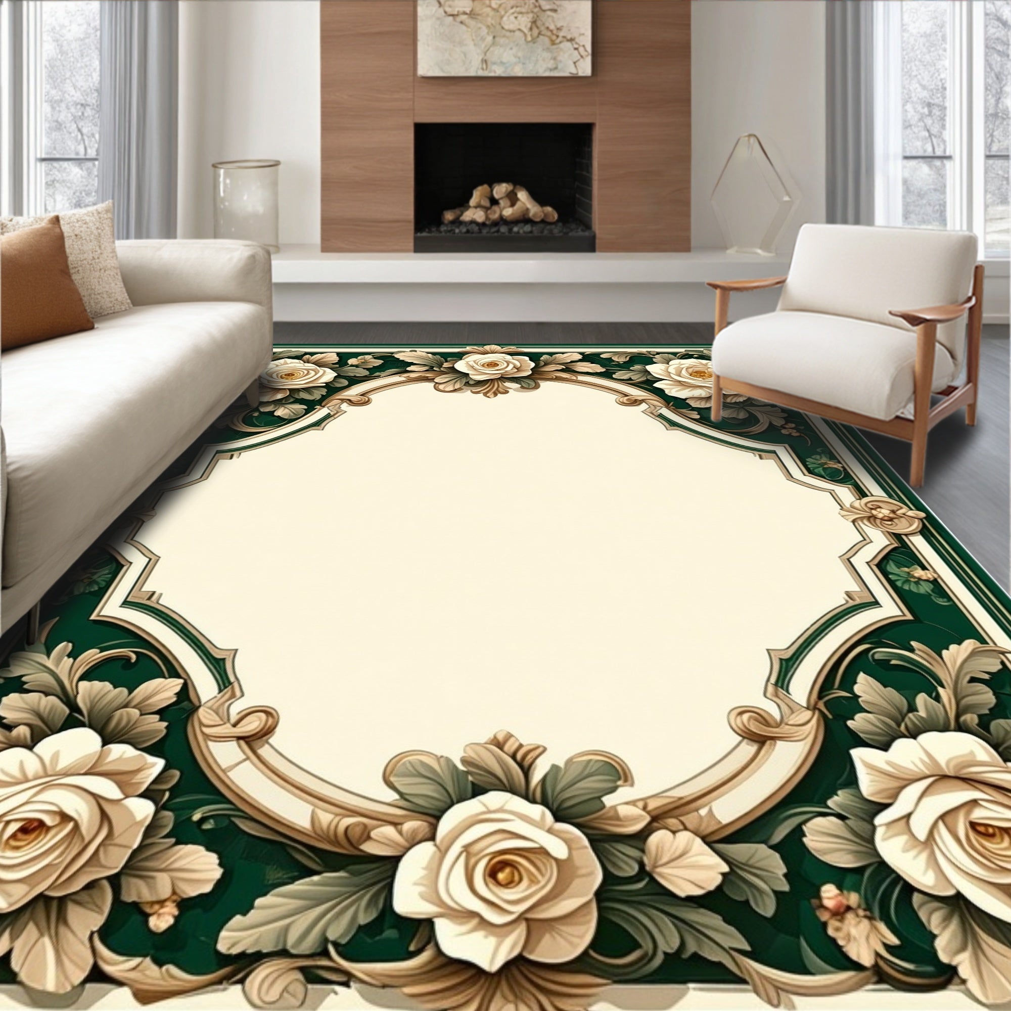 Elegant Floral Scrollwork Cream Green Rug