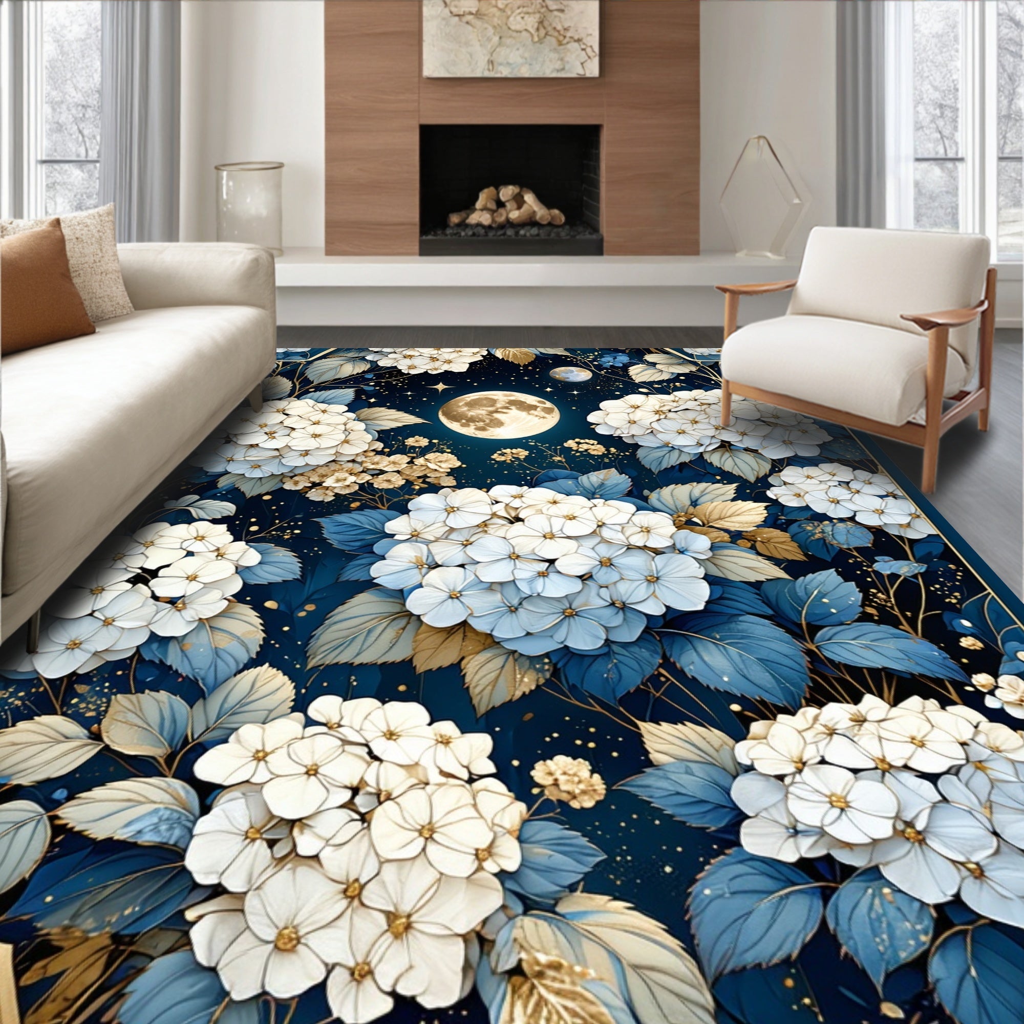 Midnight Bloom Hydrangea Floral Design Rug