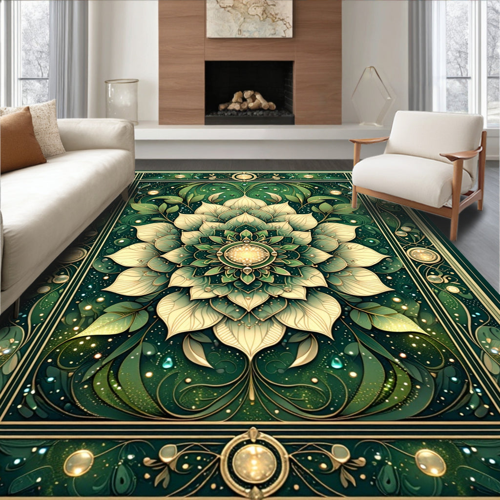 Intricate Emerald Floral Mandala Design Rug