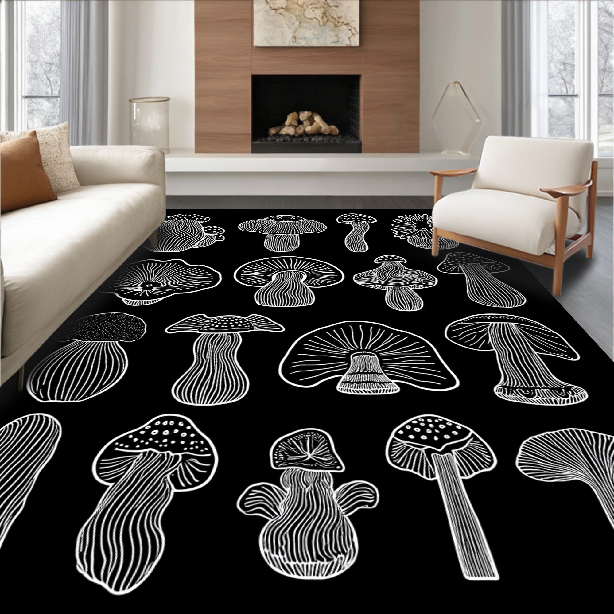 Whimsical Mushroom Line Art Design Rug