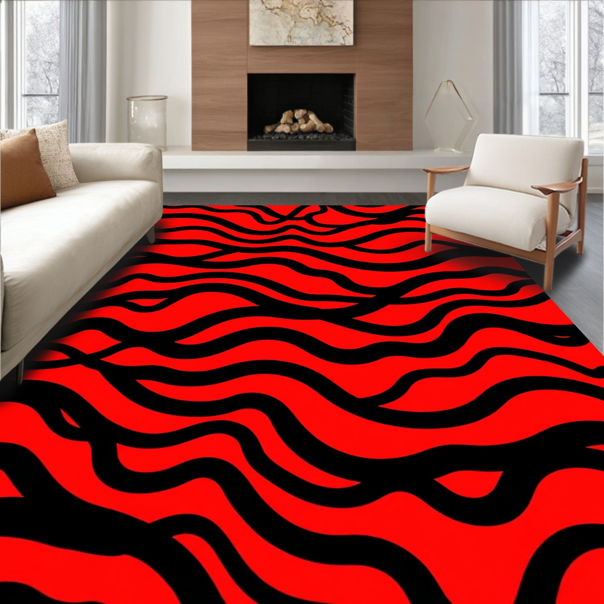 Bold Red Black Wavy Stripes Rug