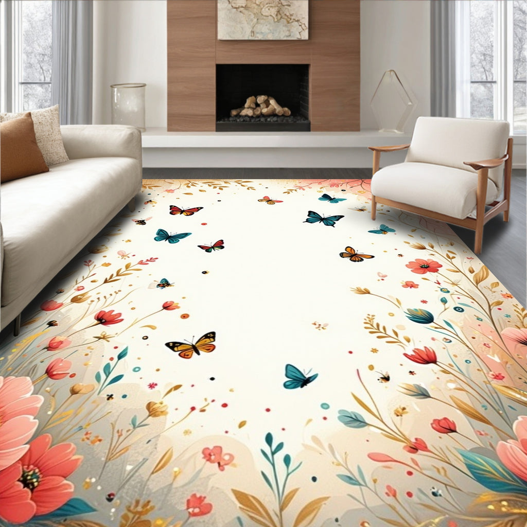 Whimsical Butterfly and Floral Garden Design Rug