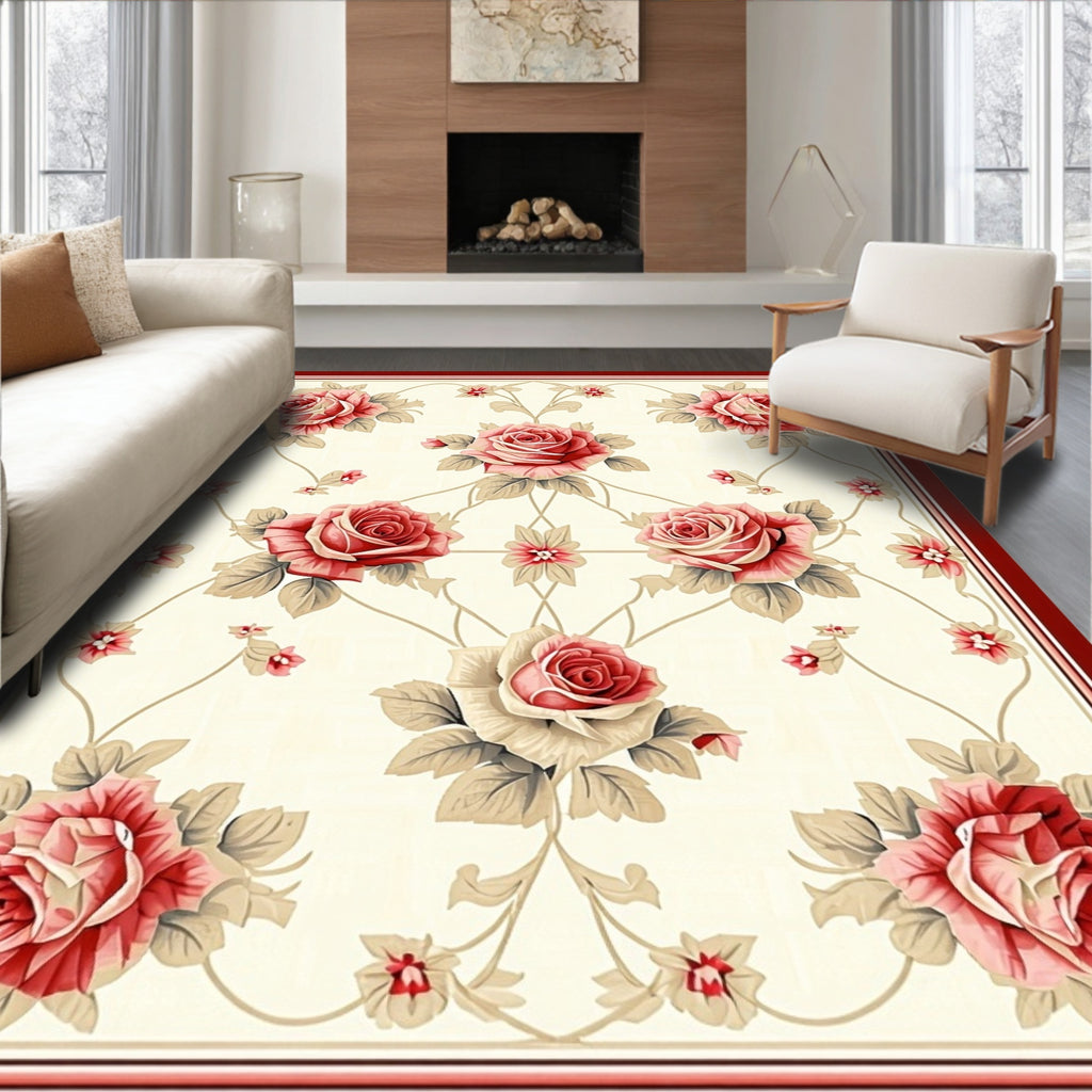 Classic Red Rose Floral Pattern Rug