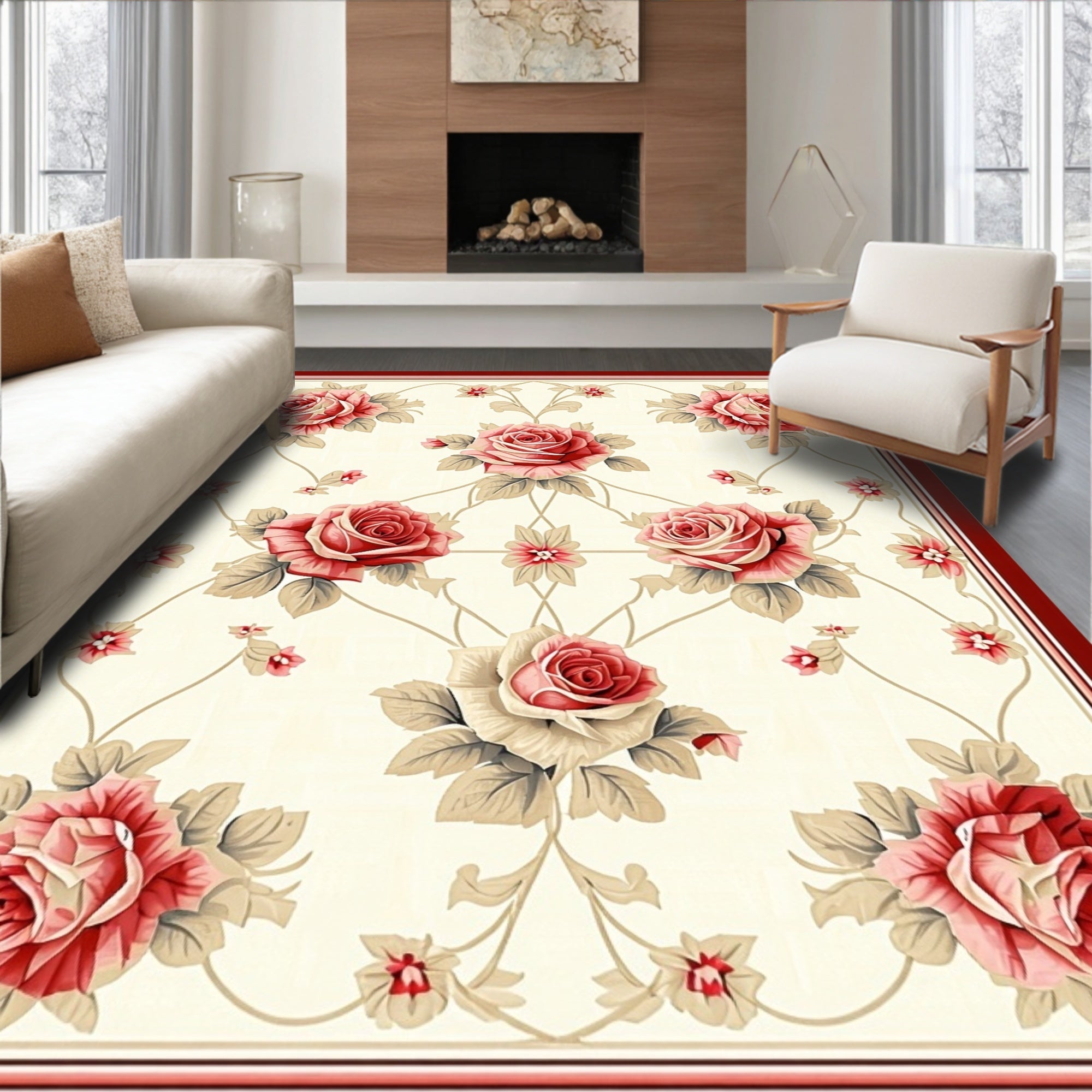 Classic Red Rose Floral Pattern Rug