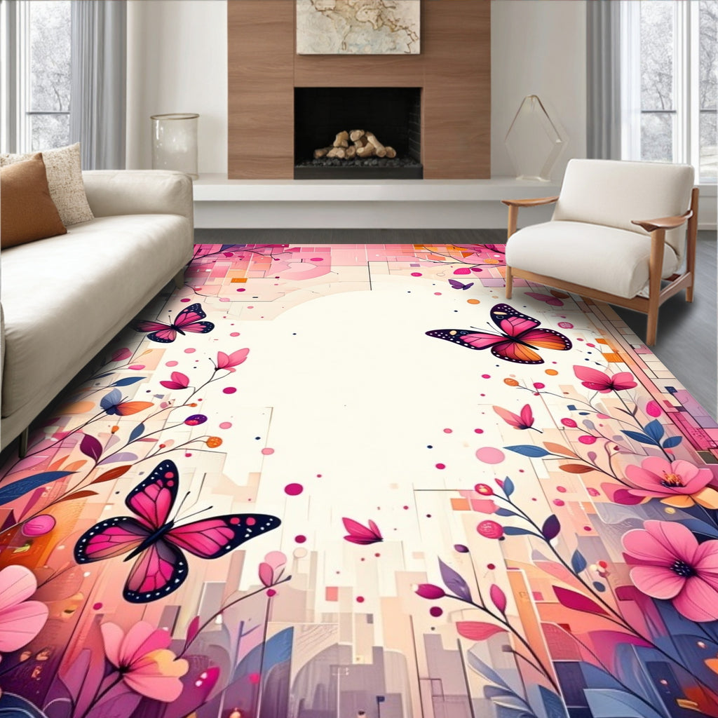 Pink Butterfly Floral Garden Design Rug