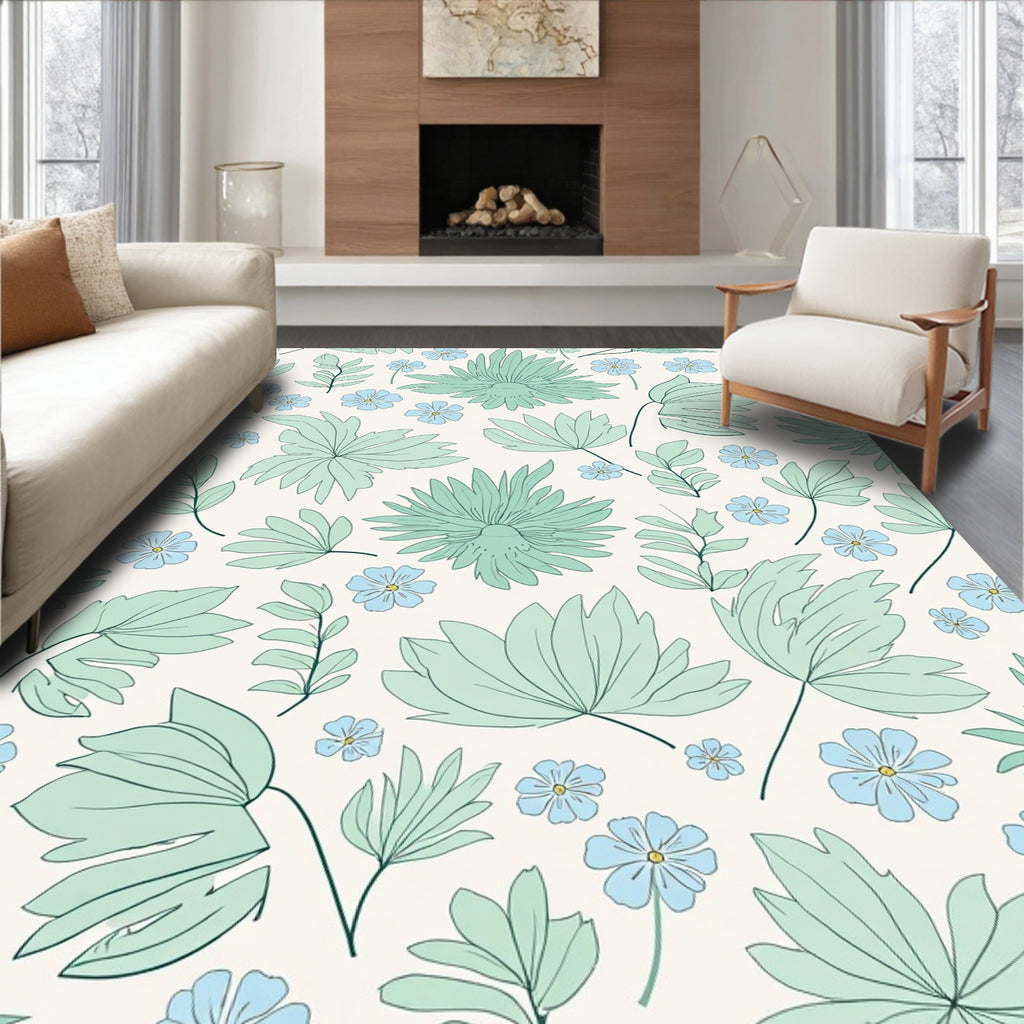 Refreshing Mint Sky Blue Floral Pattern Rug