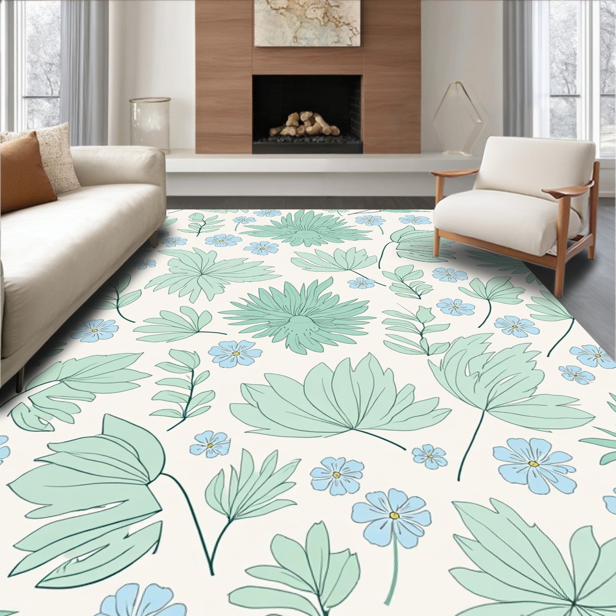 Refreshing Mint Sky Blue Floral Pattern Rug