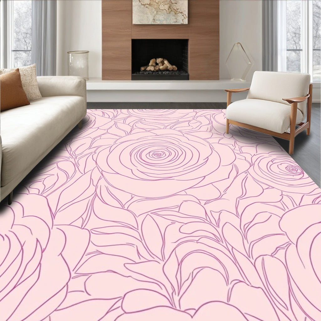 Delicate Pink Rose Outline Pattern Rug