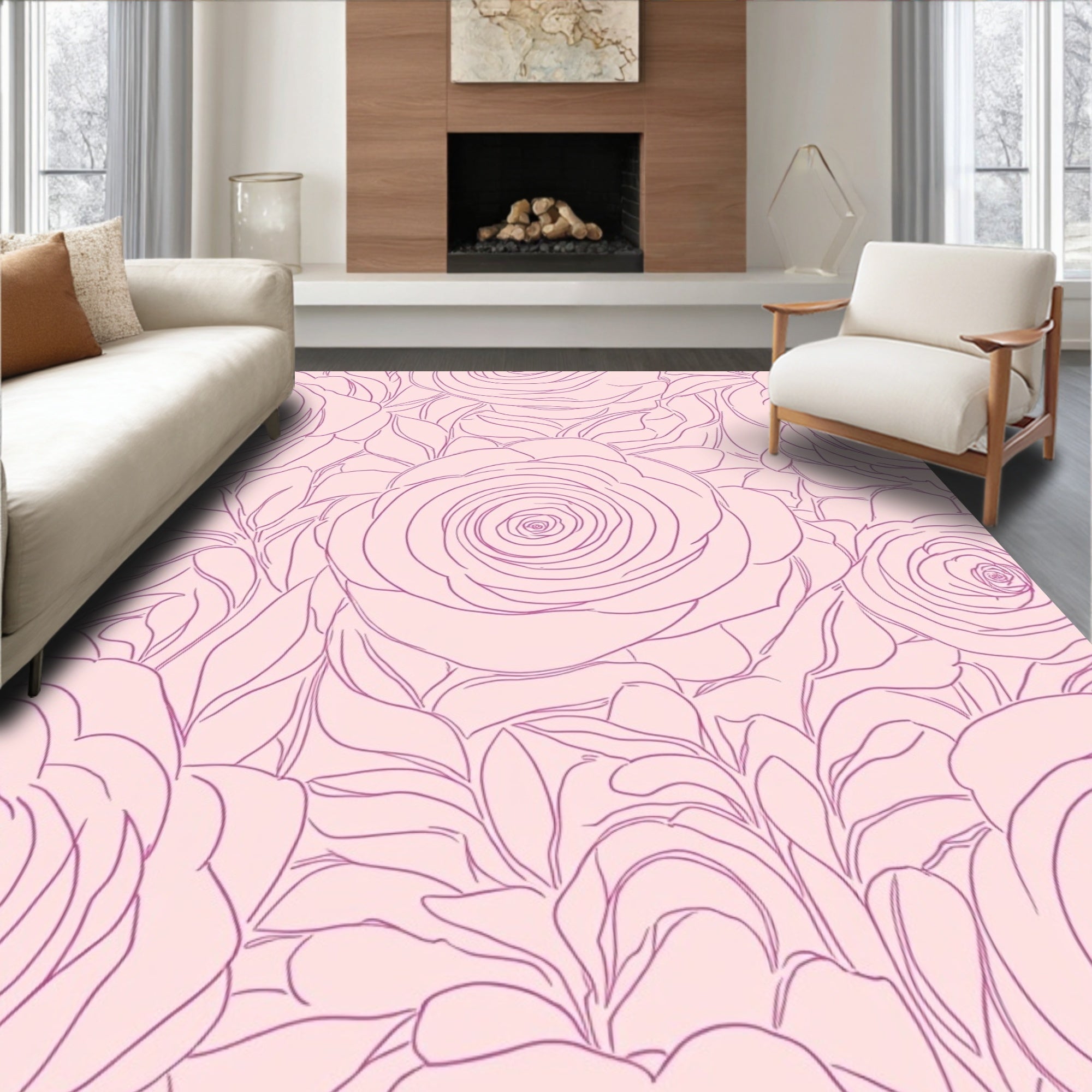 Delicate Pink Rose Outline Pattern Rug