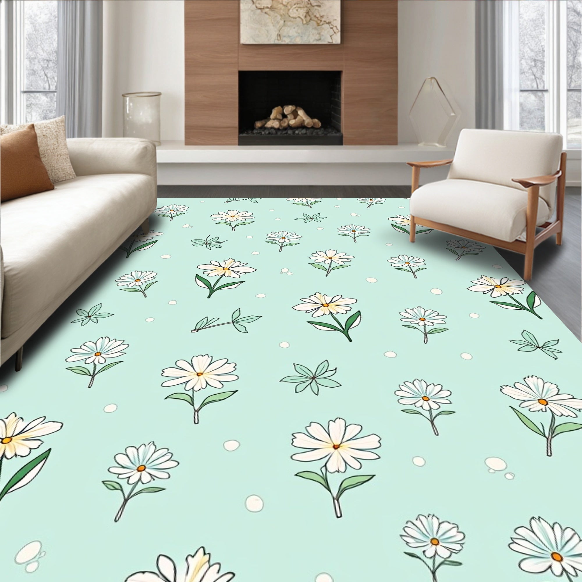 Daisies Pattern With Light Blue Background Rug