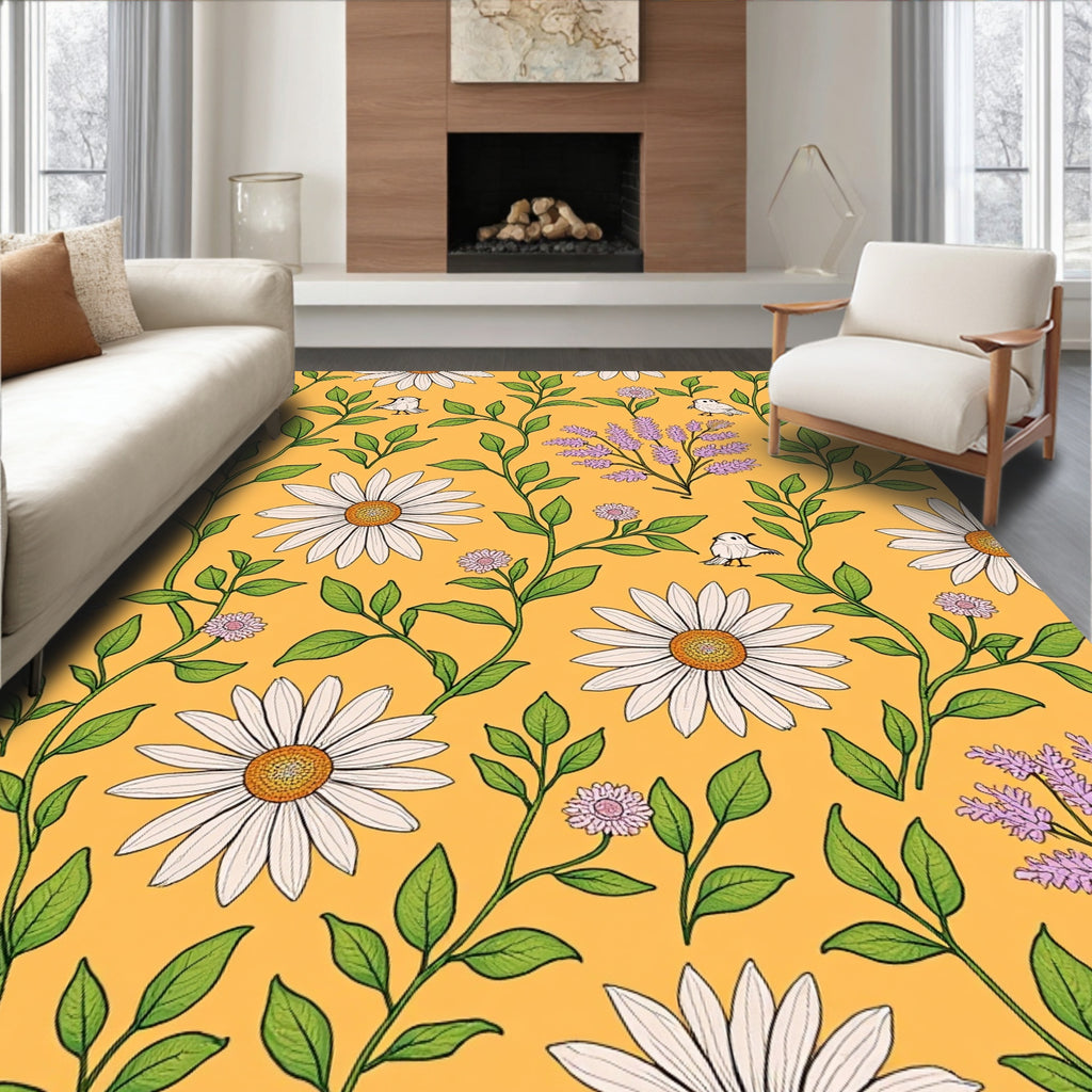 Daisies Lavender Birds Vines Pattern Rug