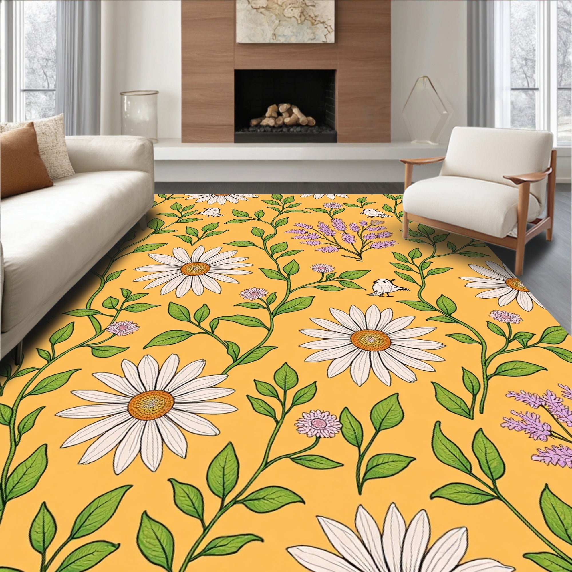 Daisies Lavender Birds Vines Pattern Rug
