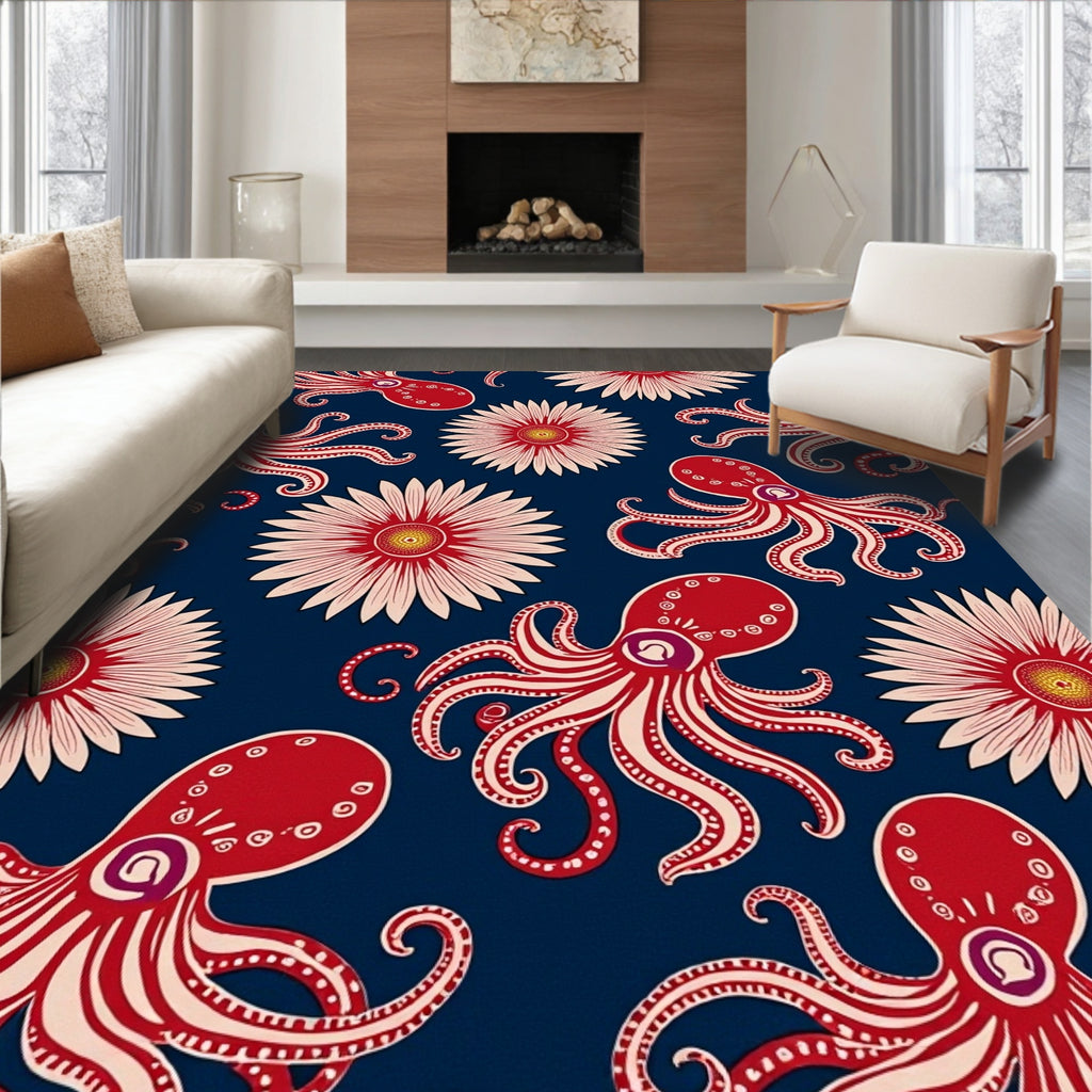 Red Octopus and Floral Print Rug