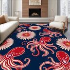 Red Octopus and Floral Print Rug